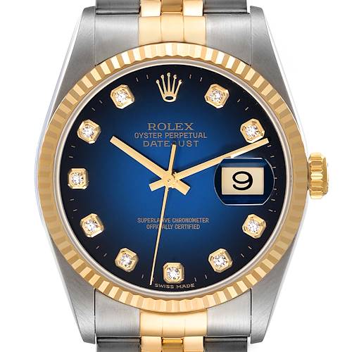 Photo of Rolex Datejust Blue Vignette Steel Yellow Gold Diamond Mens Watch 16233 Box Papers