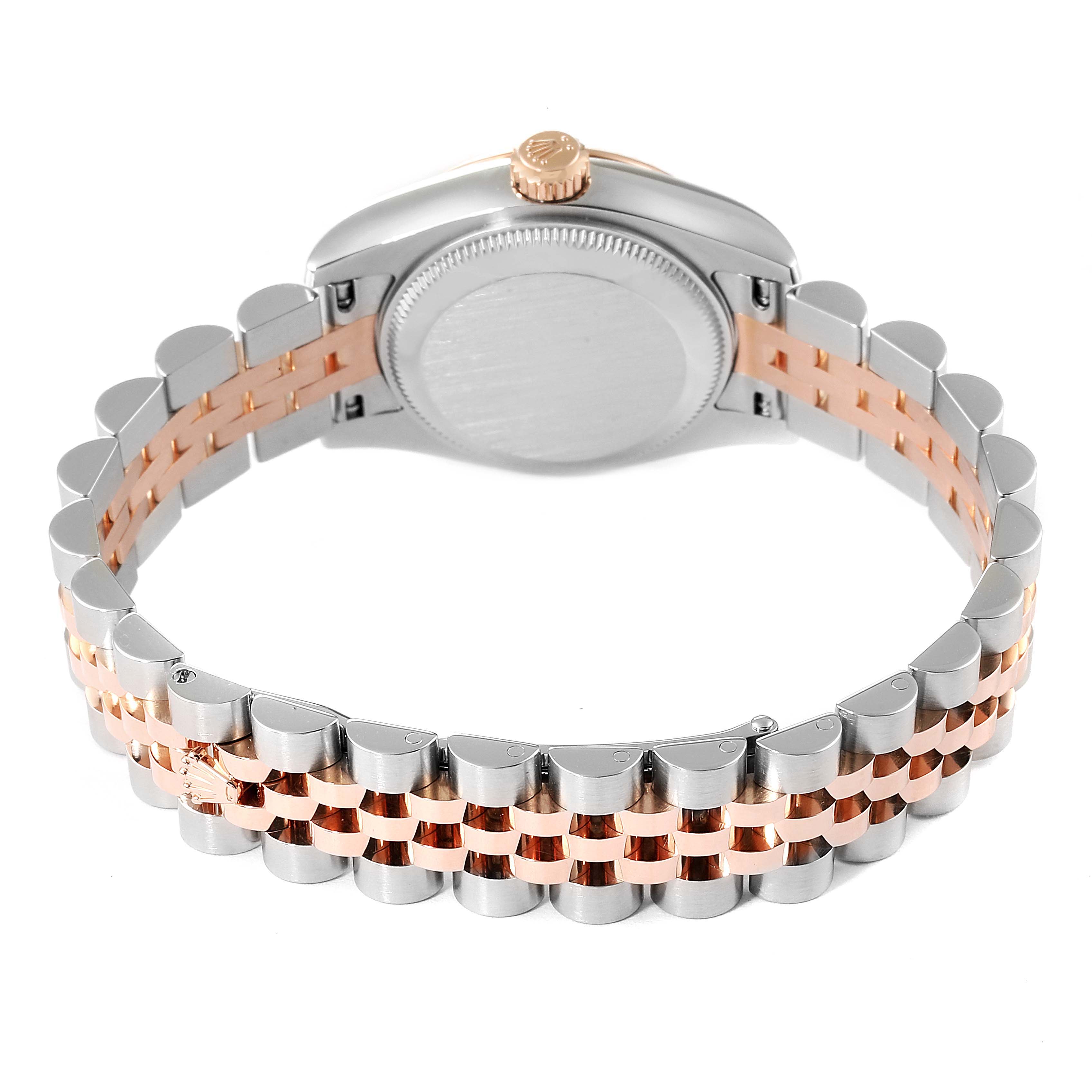 The image shows the back view of a Rolex Datejust 179171 Women's Steel and Gold (two tone) Pink Dial 179171 Women's Steel and Gold (two tone) Pink Dial watch, highlighting its case back and two-tone bracelet.