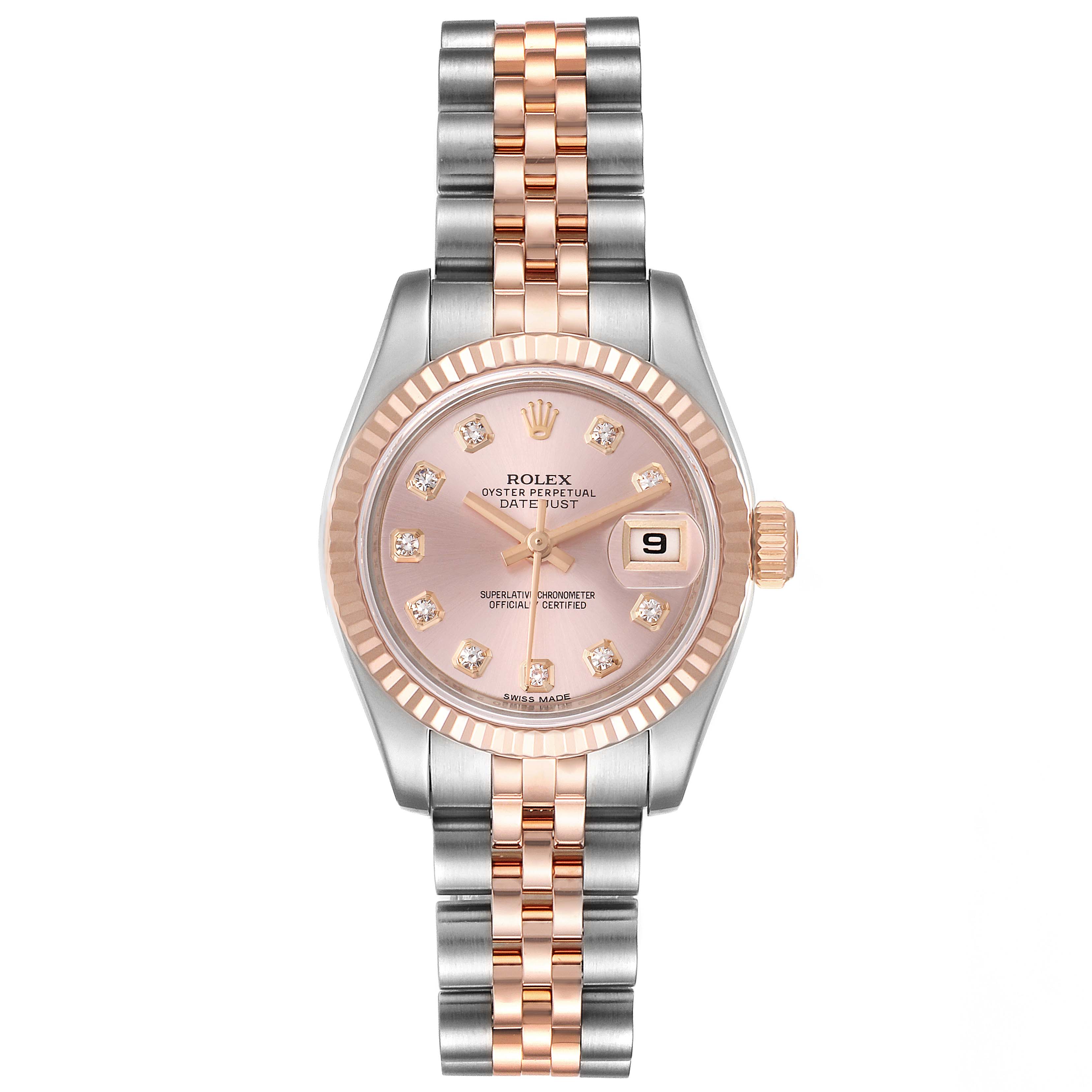 The image shows a front view of the Rolex Datejust 179171 Women's Steel and Gold (two tone) Pink Dial 179171 Women's Steel and Gold (two tone) Pink Dial watch with a two-tone bracelet and a pink dial featuring diamond hour markers.