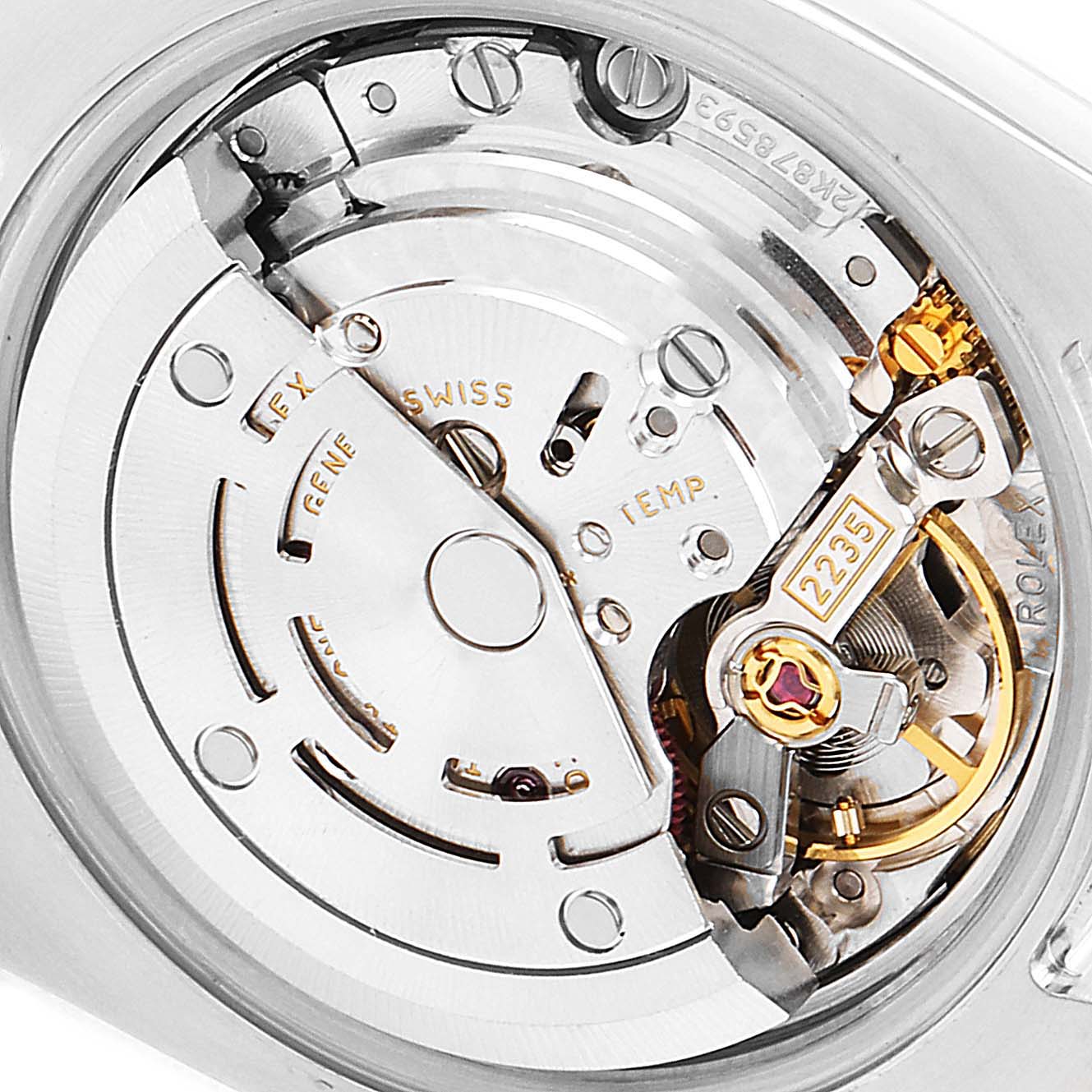 The image shows the internal mechanism of a Rolex Datejust 179171 Women's Steel and Gold (two tone) Pink Dial 179171 Women's Steel and Gold (two tone) Pink Dial watch, focusing on its automatic movement components.