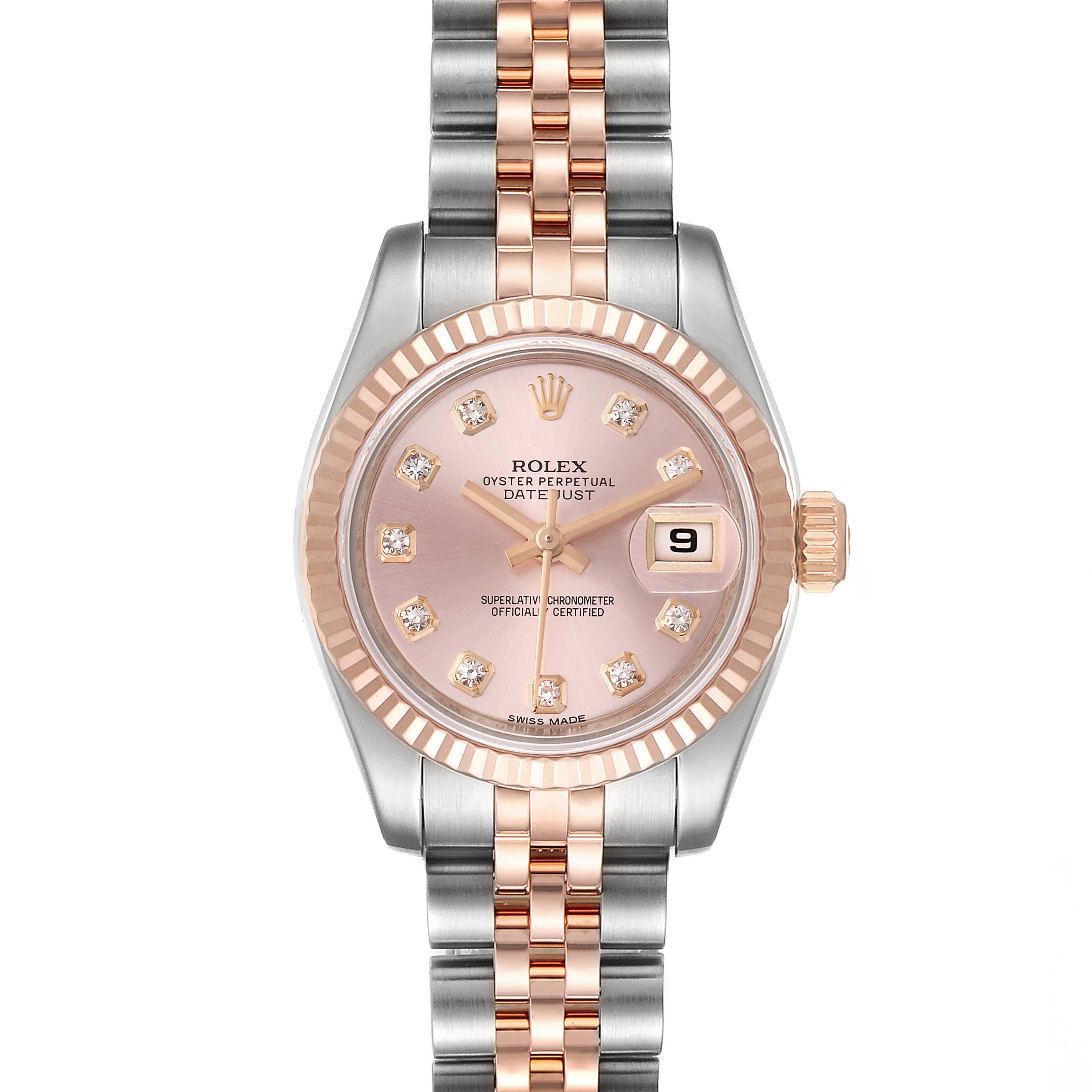 The Rolex Datejust 179171 Women's Steel and Gold (two tone) Pink Dial 179171 Women's Steel and Gold (two tone) Pink Dial watch is shown from a front-facing angle, highlighting its dial, fluted bezel, and two-tone bracelet.