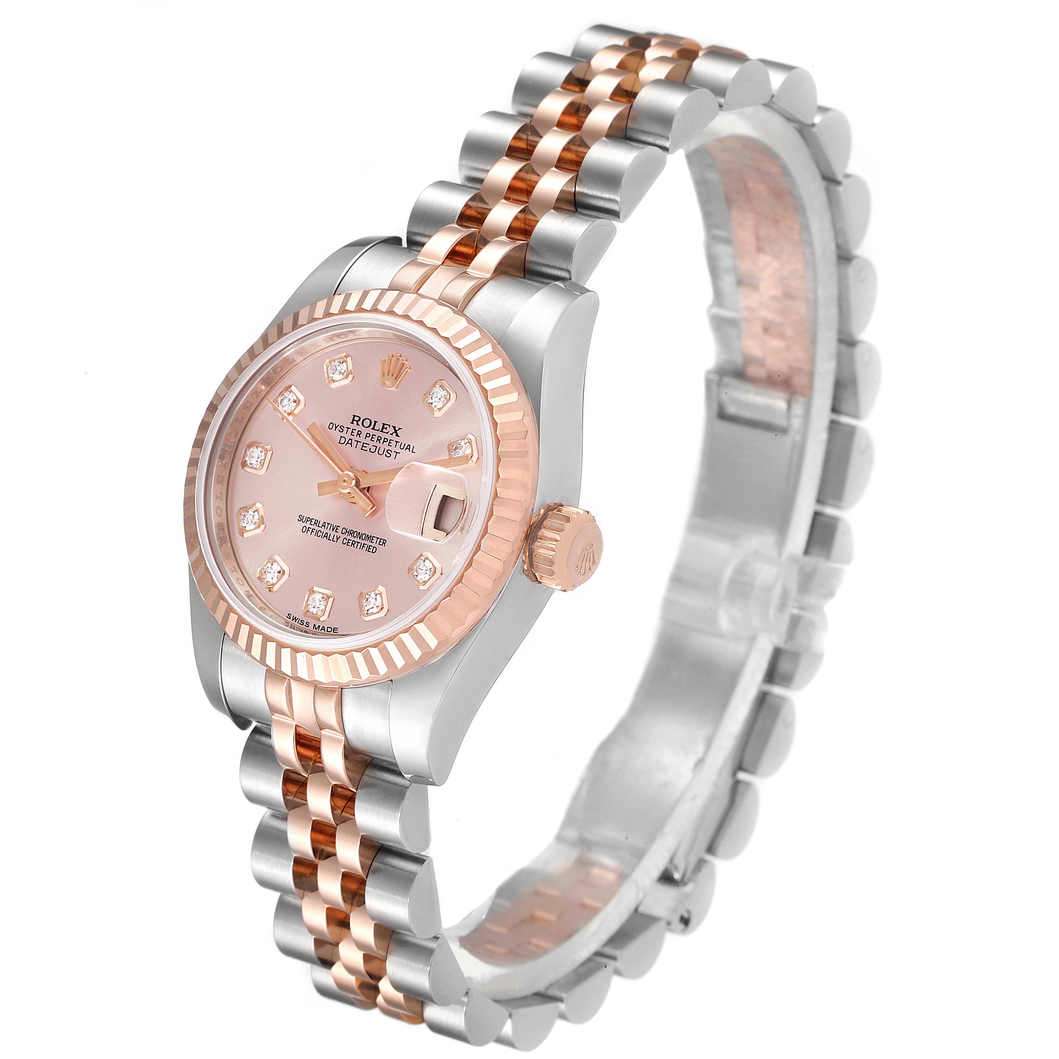 The Rolex Datejust 179171 Women's Steel and Gold (two tone) Pink Dial 179171 Women's Steel and Gold (two tone) Pink Dial watch is shown at an angle revealing its face, bezel, crown, and two-tone metal bracelet.