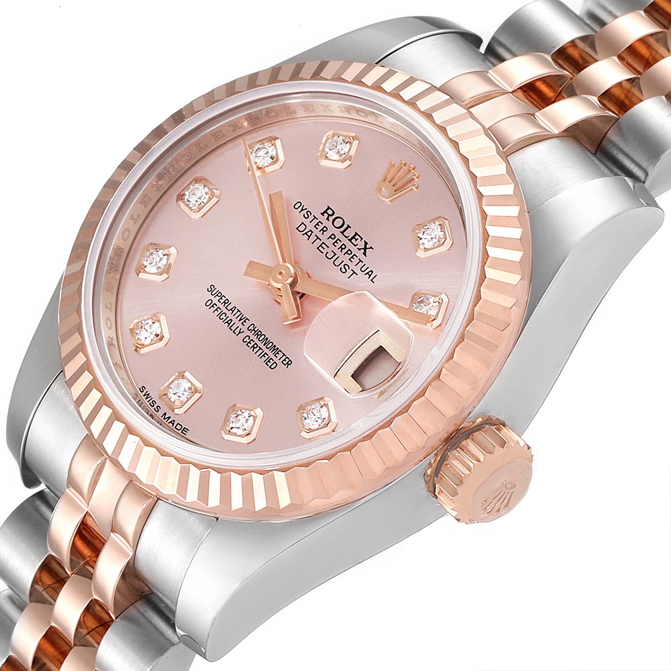 The image shows a close-up, angled view of the dial and part of the band of a Rolex Datejust 179171 Women's Steel and Gold (two tone) Pink Dial 179171 Women's Steel and Gold (two tone) Pink Dial watch.