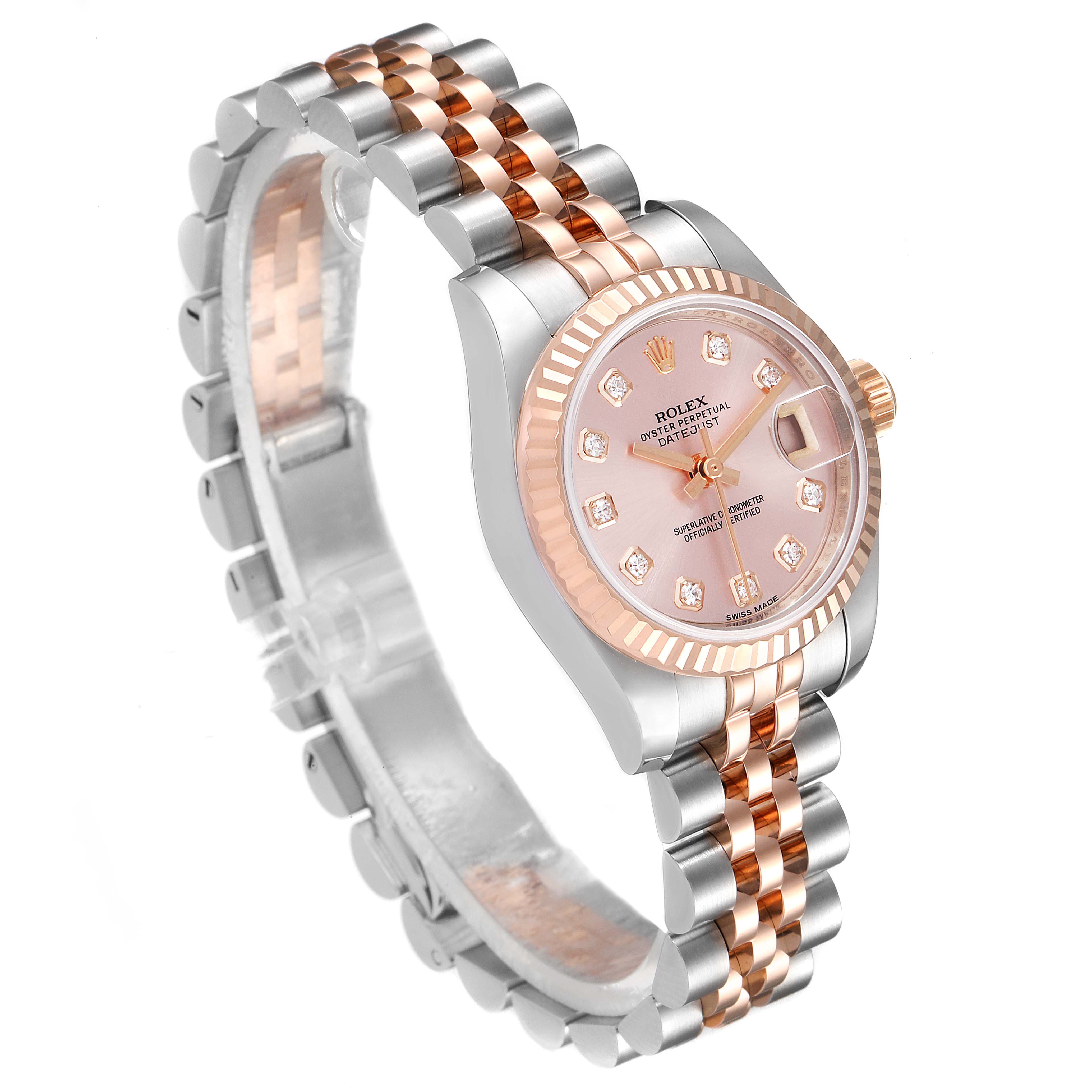 The image shows a Rolex Datejust 179171 Women's Steel and Gold (two tone) Pink Dial 179171 Women's Steel and Gold (two tone) Pink Dial watch at a three-quarter angle highlighting its rose gold and silver bracelet and pink dial.