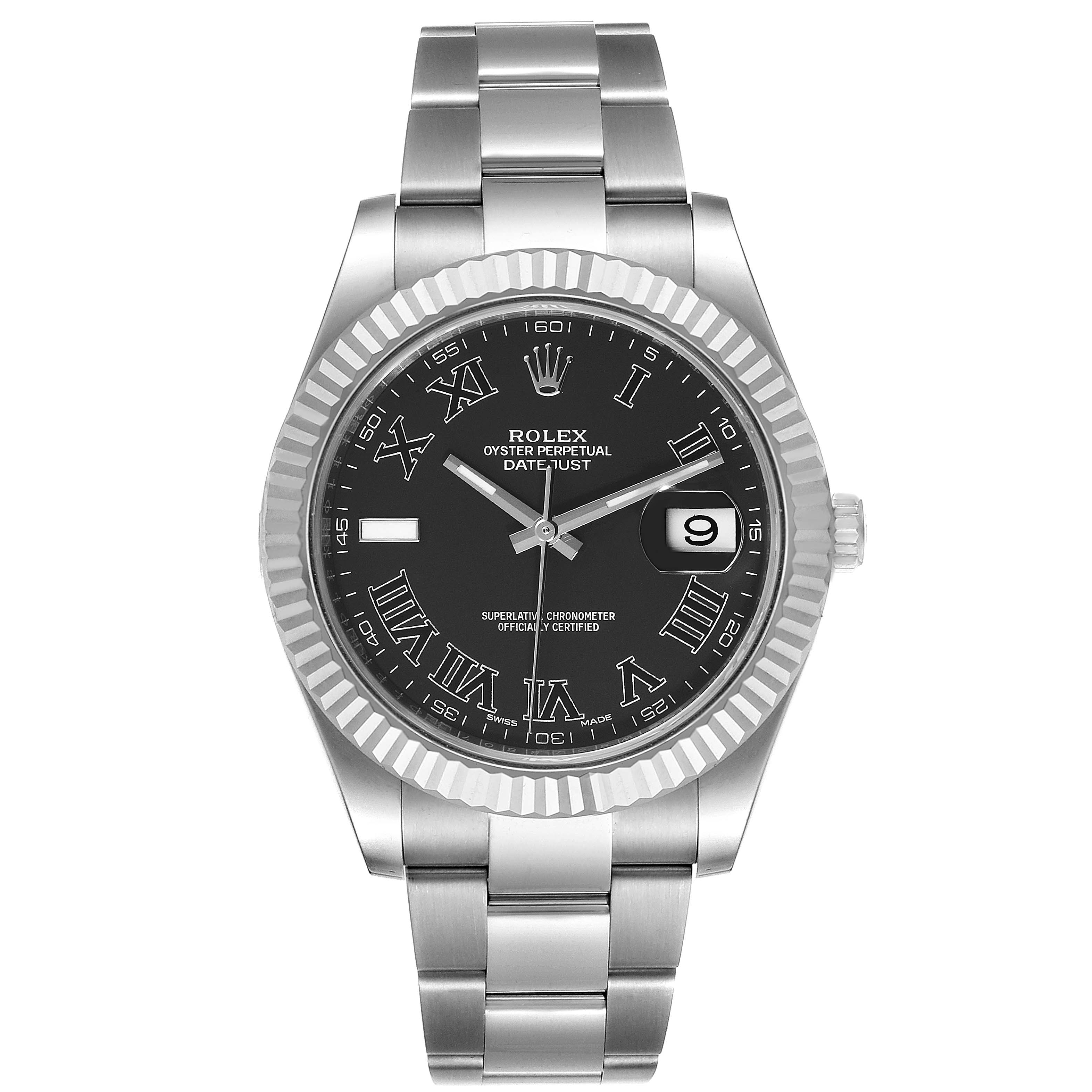 The Rolex Datejust 41 116334 Men
s Stainless Steel Grey Dial 116334 Men
s Stainless Steel Grey Dial watch is shown from a front angle, displaying its face, bezel, and bracelet.