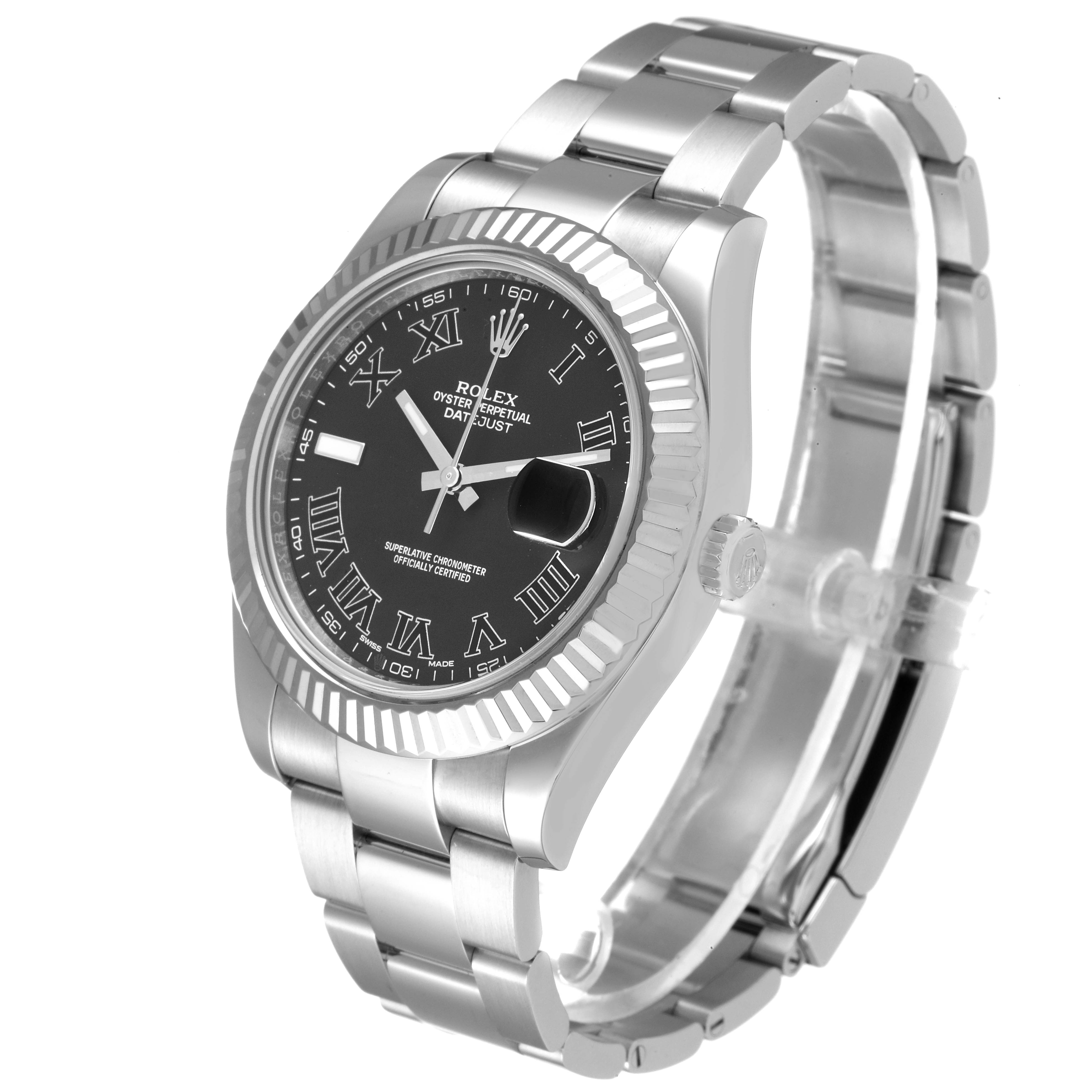 The Rolex Datejust 41 116334 Men
s Stainless Steel Grey Dial 116334 Men
s Stainless Steel Grey Dial watch is shown at a three-quarter angle, displaying the face, bracelet, and side of the bezel.