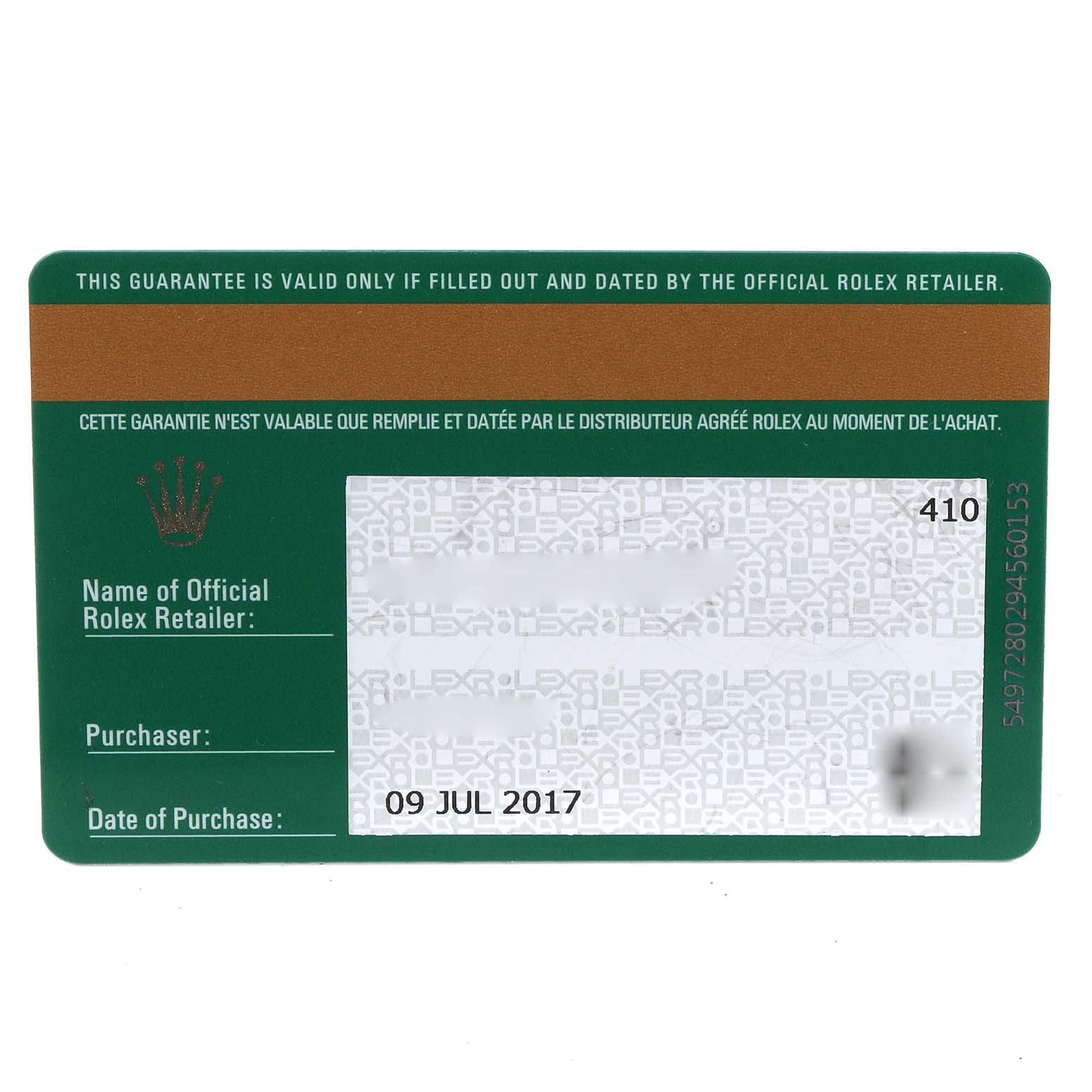 This image shows the guarantee card for a Rolex Datejust 41 116334 Men
s Stainless Steel Grey Dial 116334 Men
s Stainless Steel Grey Dial, including purchase details and retailer information.