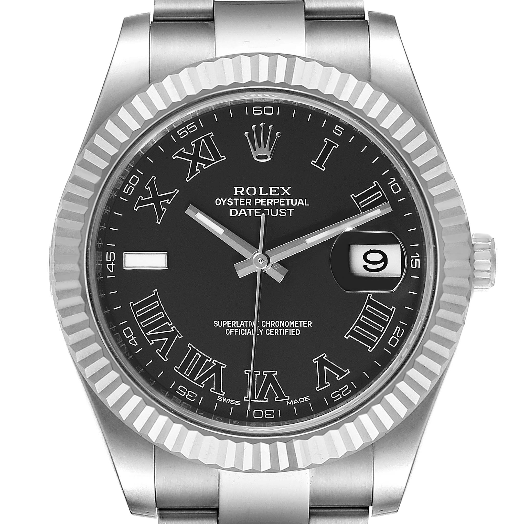 This image shows a front view of the Rolex Datejust 41 116334 Men
s Stainless Steel Grey Dial 116334 Men
s Stainless Steel Grey Dial watch, highlighting the bezel, dial, hands, and bracelet.