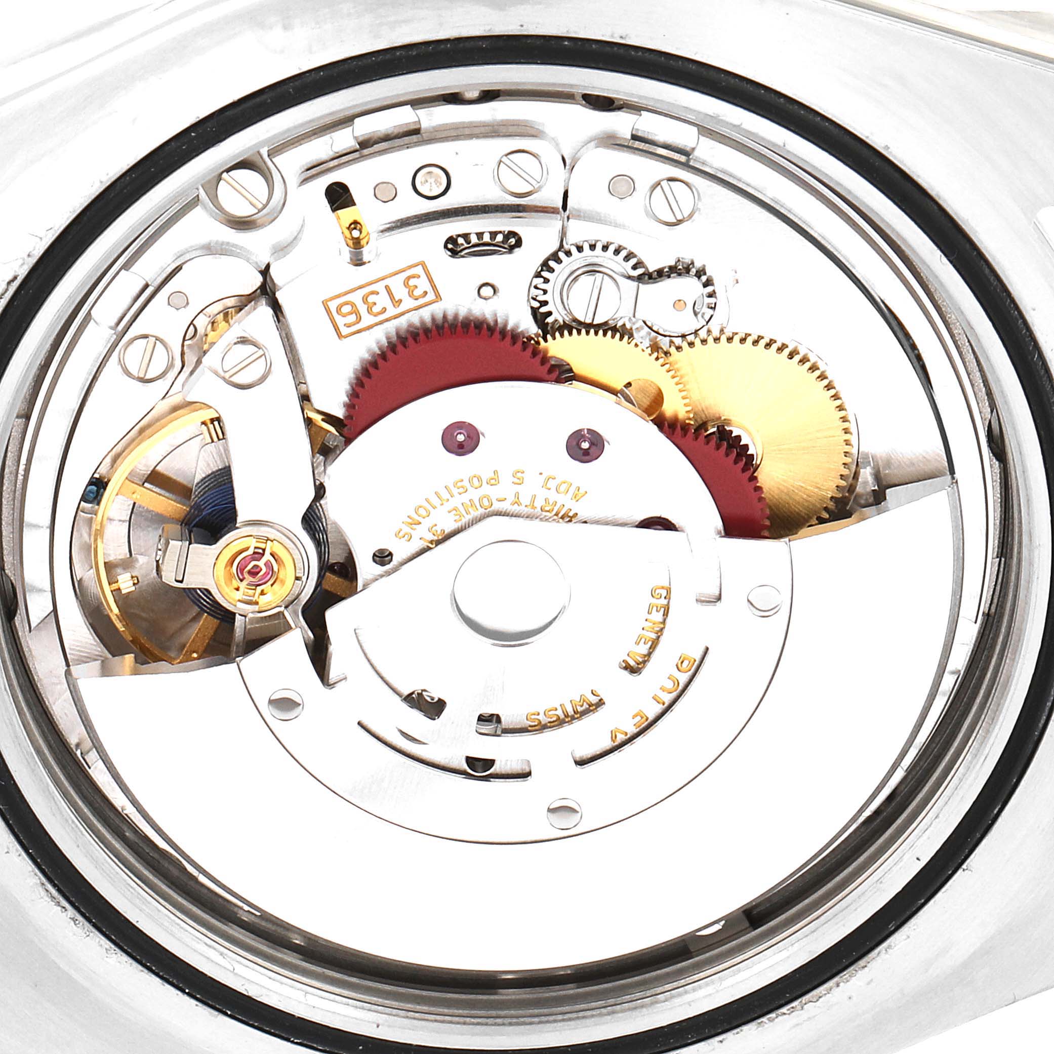 This image shows the inner mechanical movement of the Rolex Datejust 41 116334 Men
s Stainless Steel Grey Dial 116334 Men
s Stainless Steel Grey Dial model from a rear view angle.