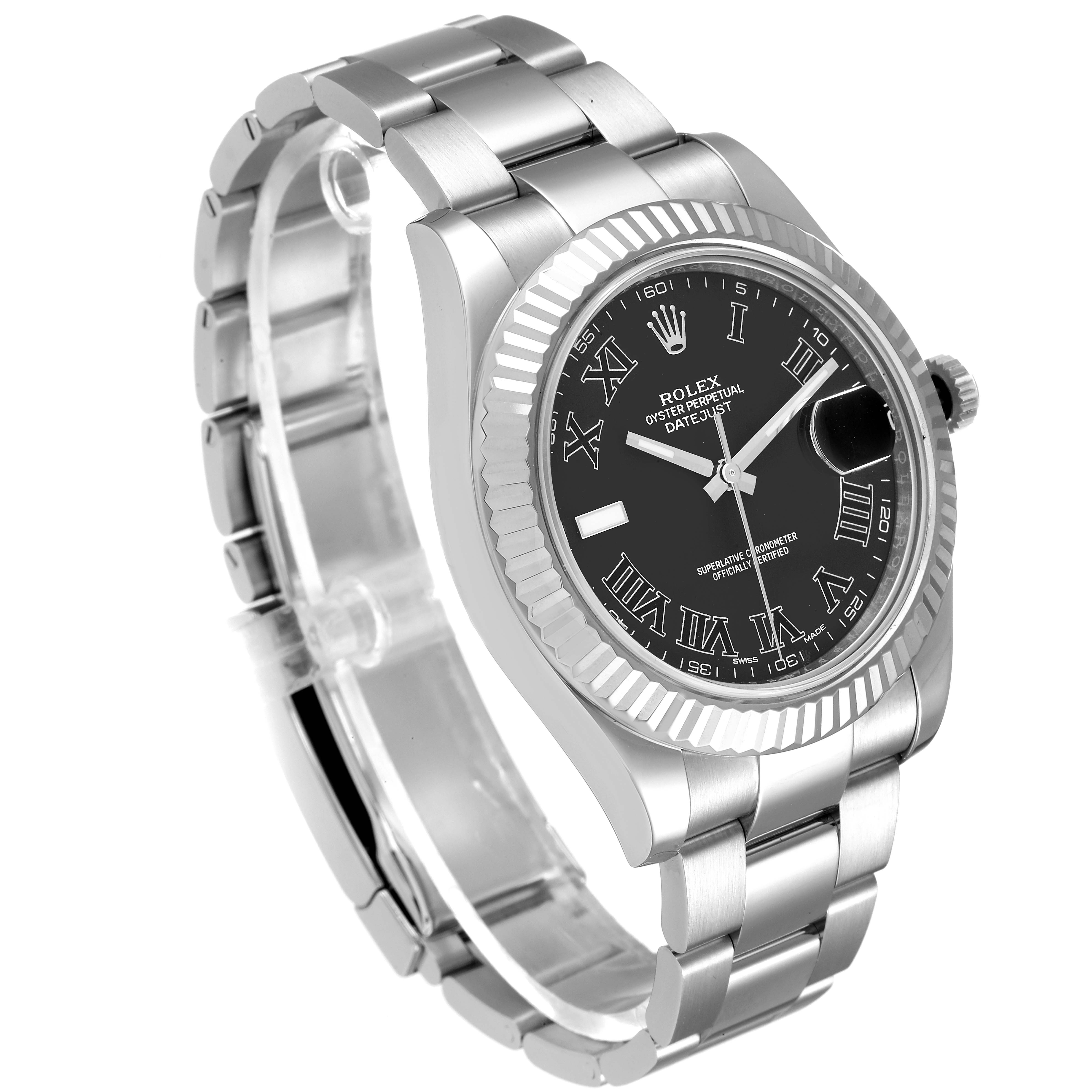 The Rolex Datejust 41 116334 Men
s Stainless Steel Grey Dial 116334 Men
s Stainless Steel Grey Dial is shown at a three-quarter angle, highlighting the bracelet, bezel, and the black dial with Roman numerals.