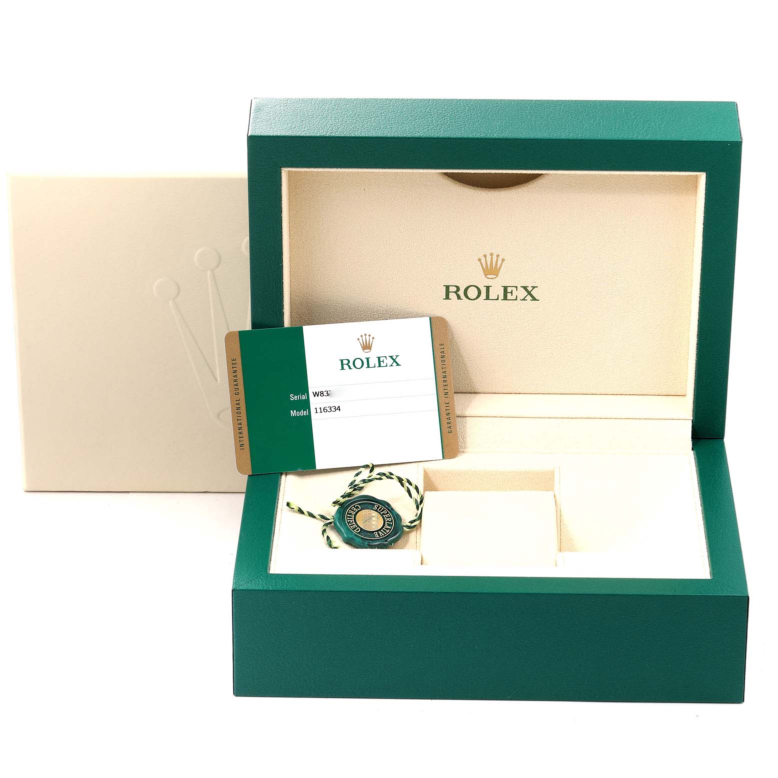 The image shows an open green Rolex box for the Datejust 41 model, containing a warranty card and a tag.