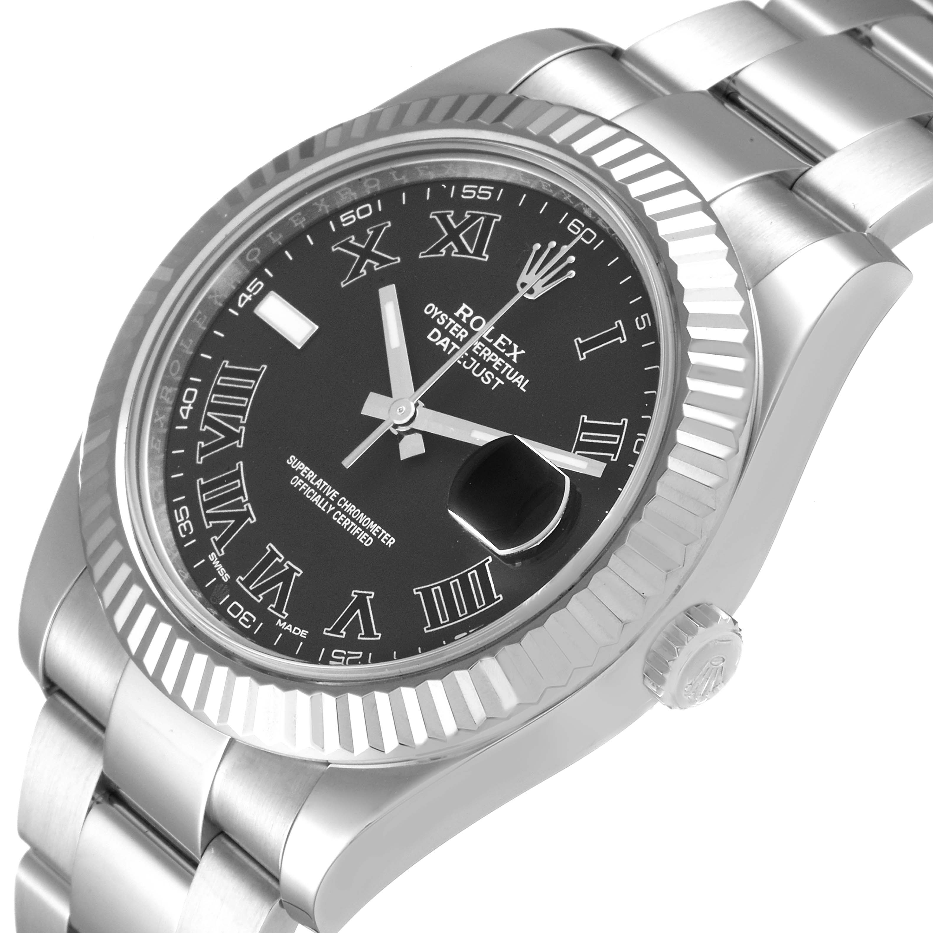 The image shows a Rolex Datejust 41 116334 Men
s Stainless Steel Grey Dial 116334 Men
s Stainless Steel Grey Dial watch, focusing on its face, fluted bezel, and part of the bracelet, viewed at an angle.