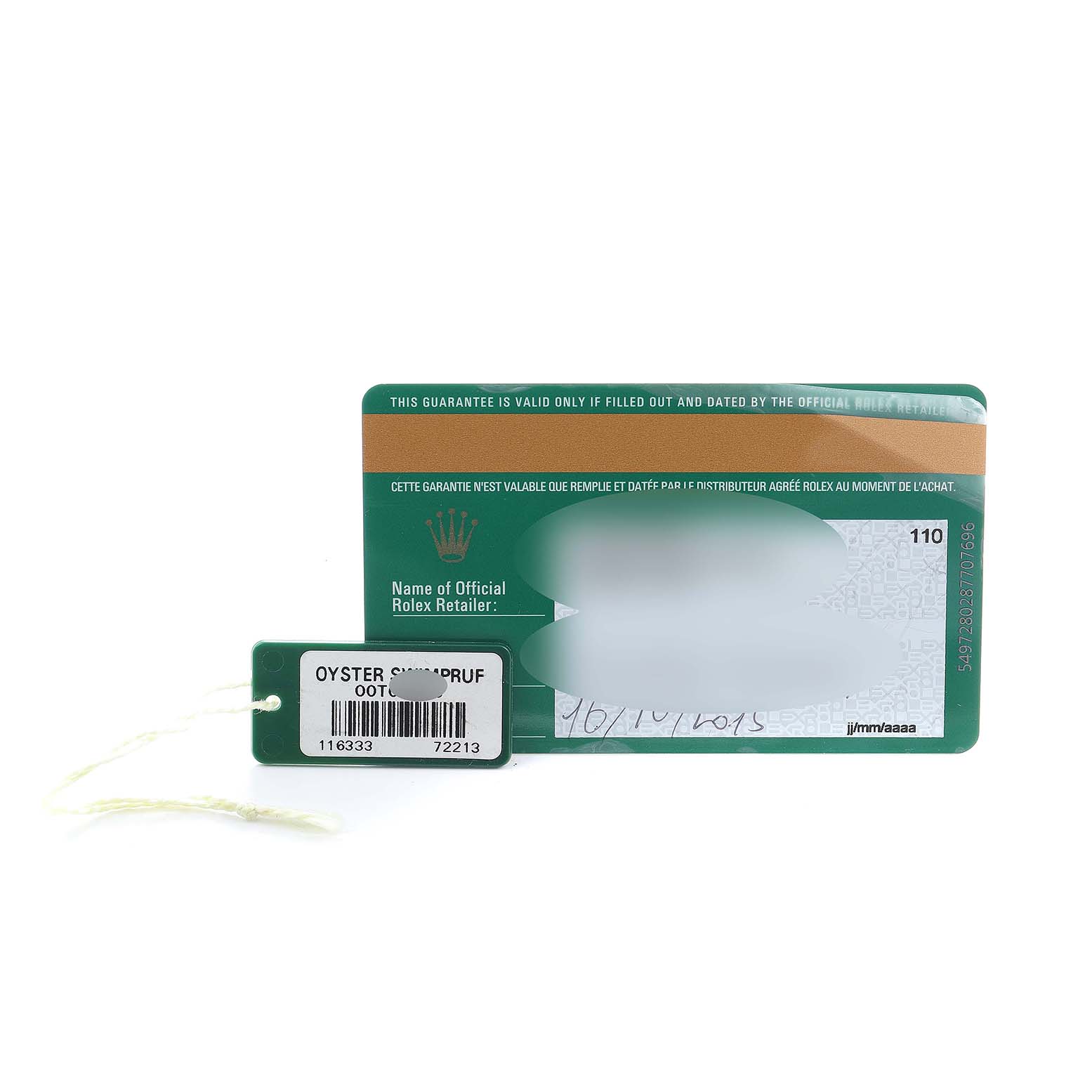 The image shows a Rolex Datejust 41 116333 Men's Steel and Gold (two tone) Black Dial warranty card and hang tag accessory, laid flat.