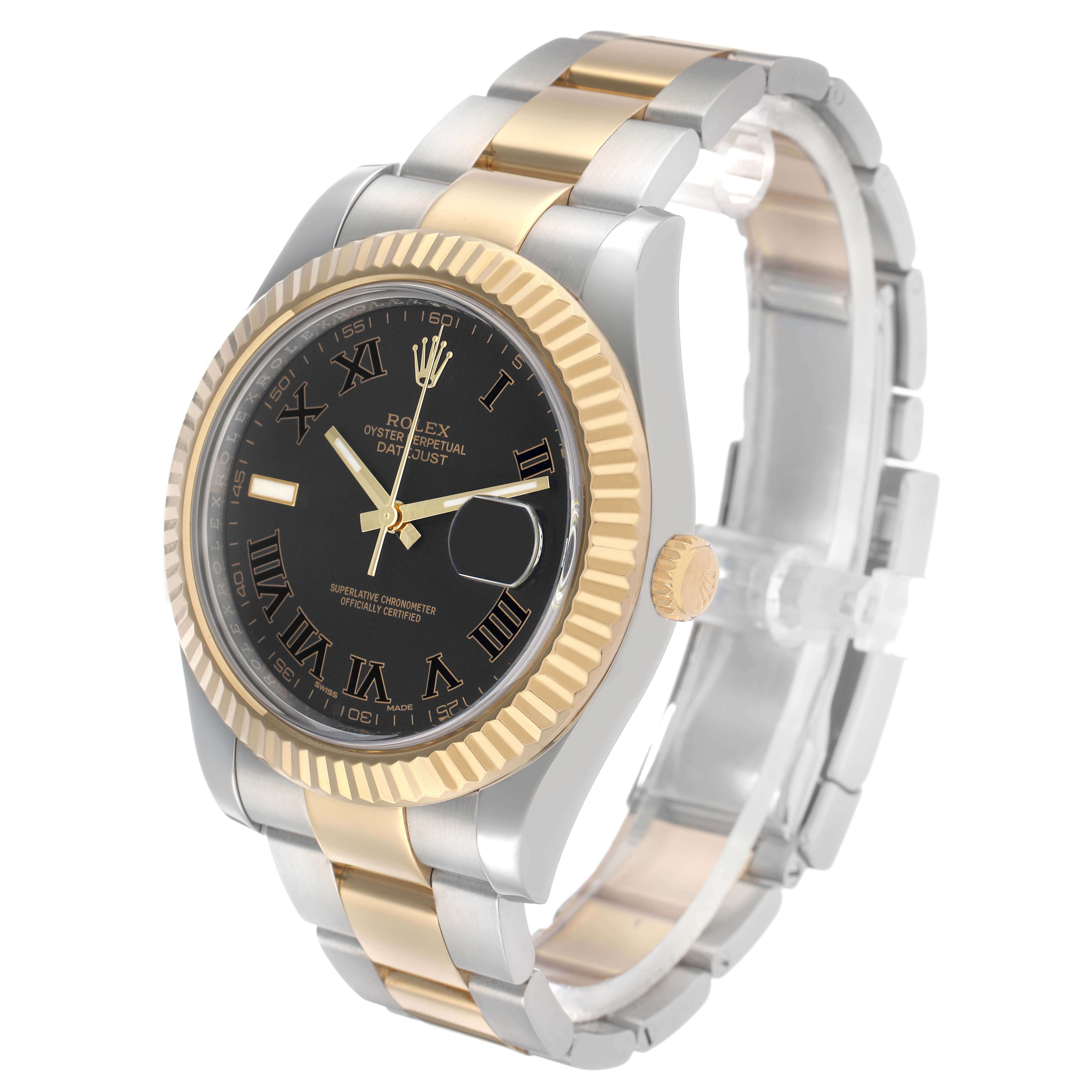 The Rolex Datejust 41 116333 Men's Steel and Gold (two tone) Black Dial is shown at a three-quarter angle, highlighting the bezel, dial, bracelet, and crown.