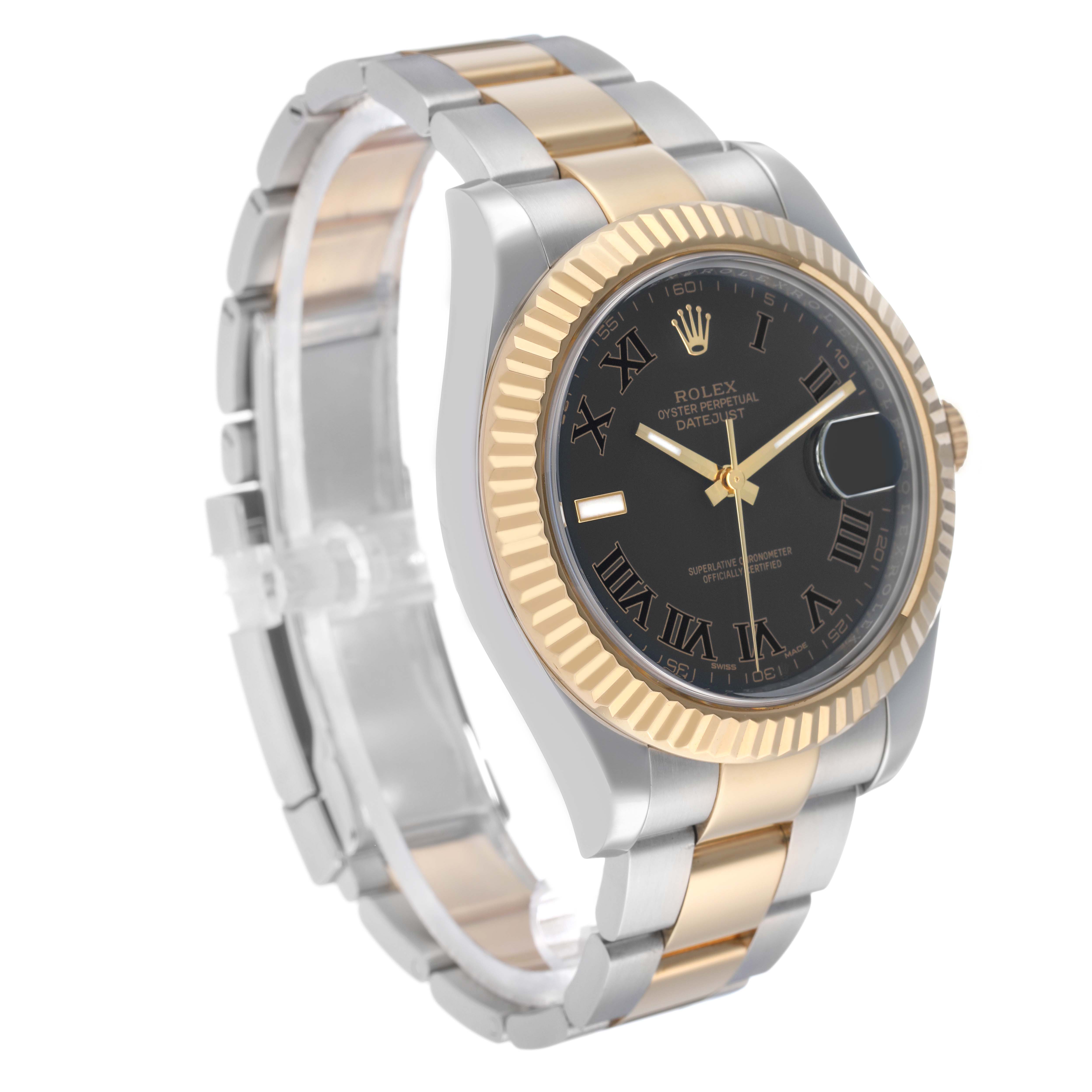 The Rolex Datejust 41 116333 Men's Steel and Gold (two tone) Black Dial is shown at a front angle, highlighting the dial, fluted bezel, and two-tone bracelet.