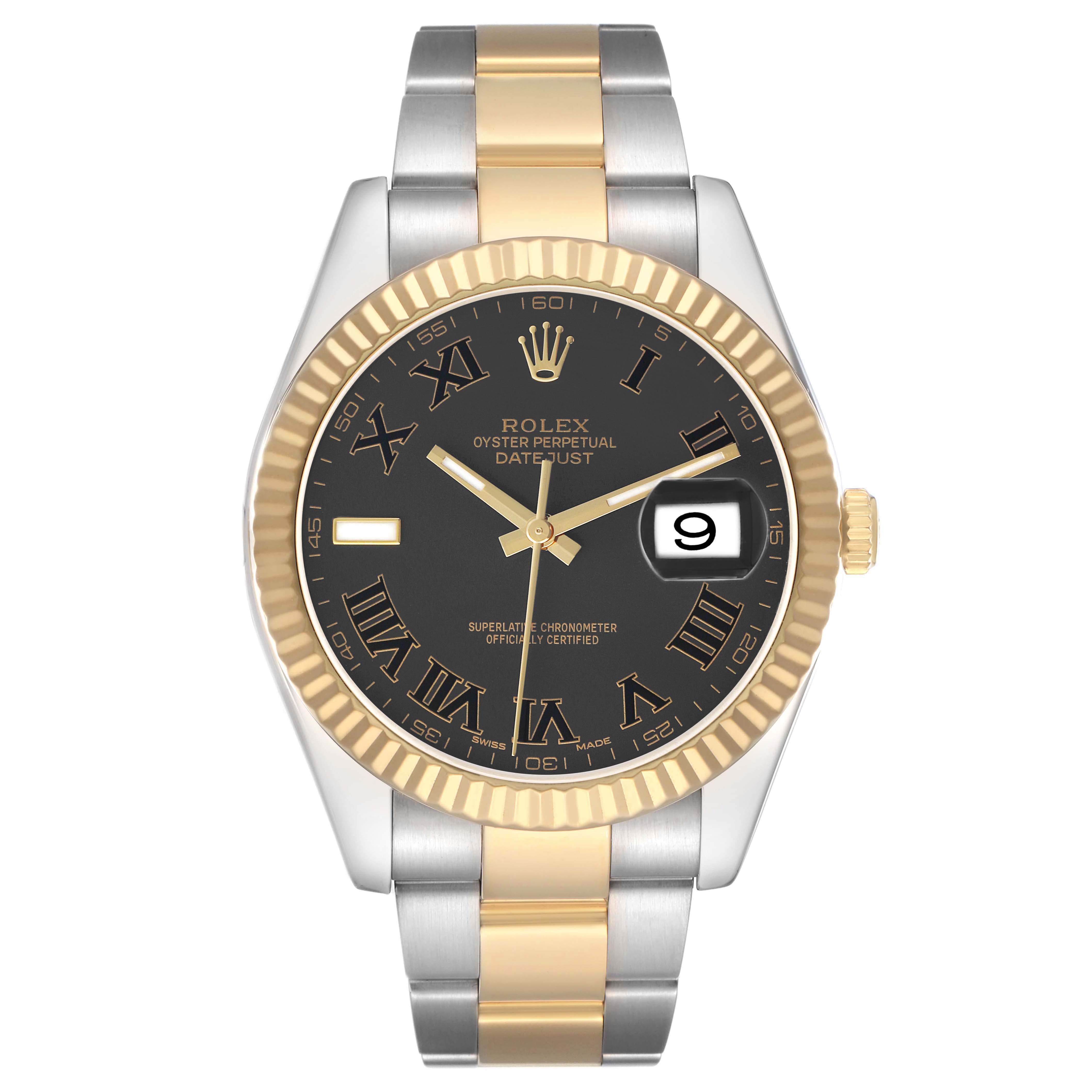 The Rolex Datejust 41 116333 Men's Steel and Gold (two tone) Black Dial watch is shown from a front angle, highlighting its black dial, Roman numerals, gold bezel, and two-tone bracelet.