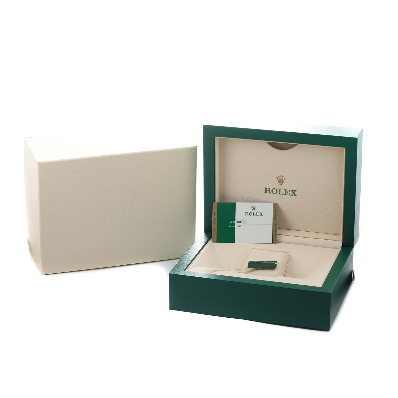 The image shows a Rolex Datejust 41 116333 Men's Steel and Gold (two tone) Black Dial box and accessories, including a warranty card and tag, from a front angle.