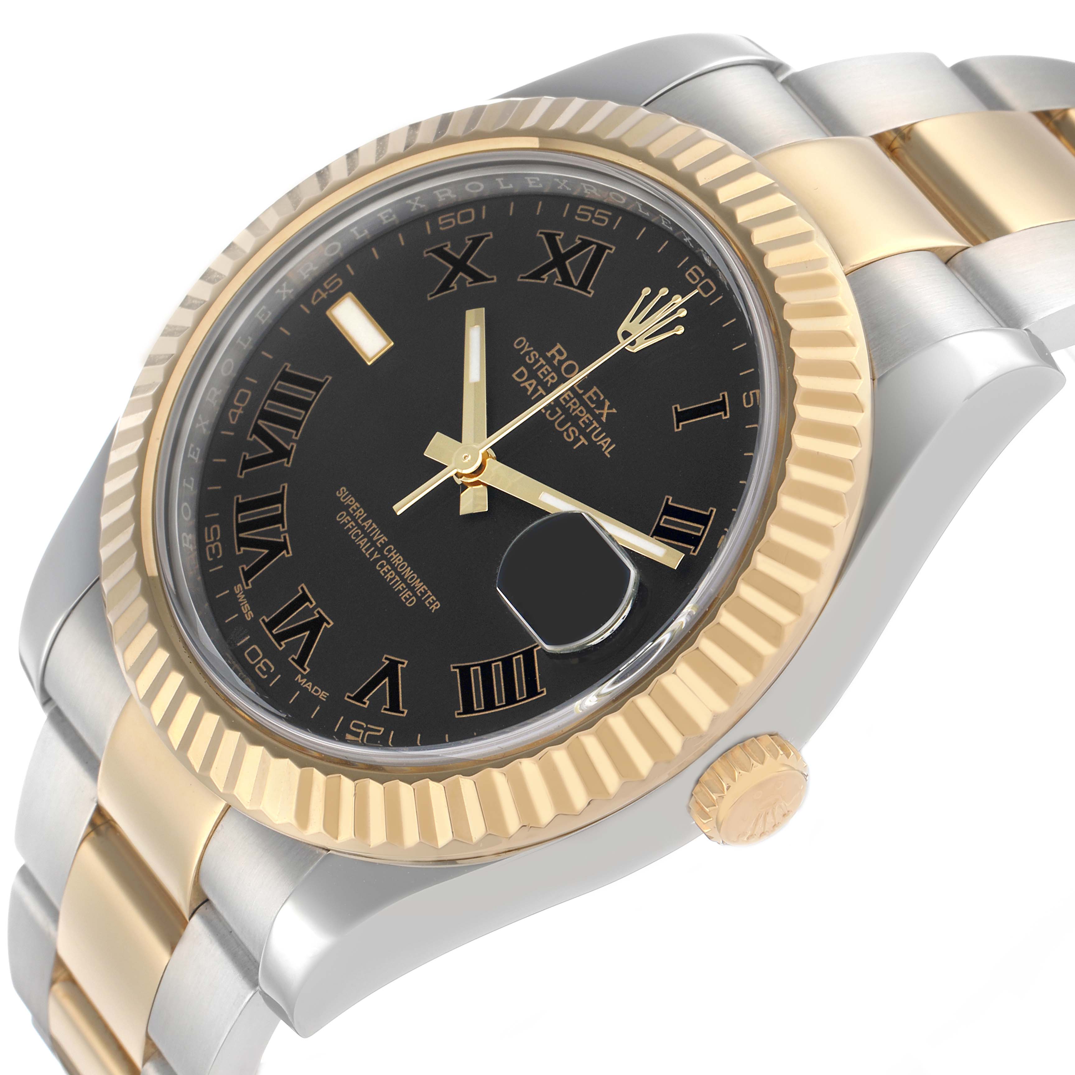 The Rolex Datejust 41 116333 Men's Steel and Gold (two tone) Black Dial is shown at an angled close-up, highlighting the black dial, gold fluted bezel, and part of the two-tone bracelet.