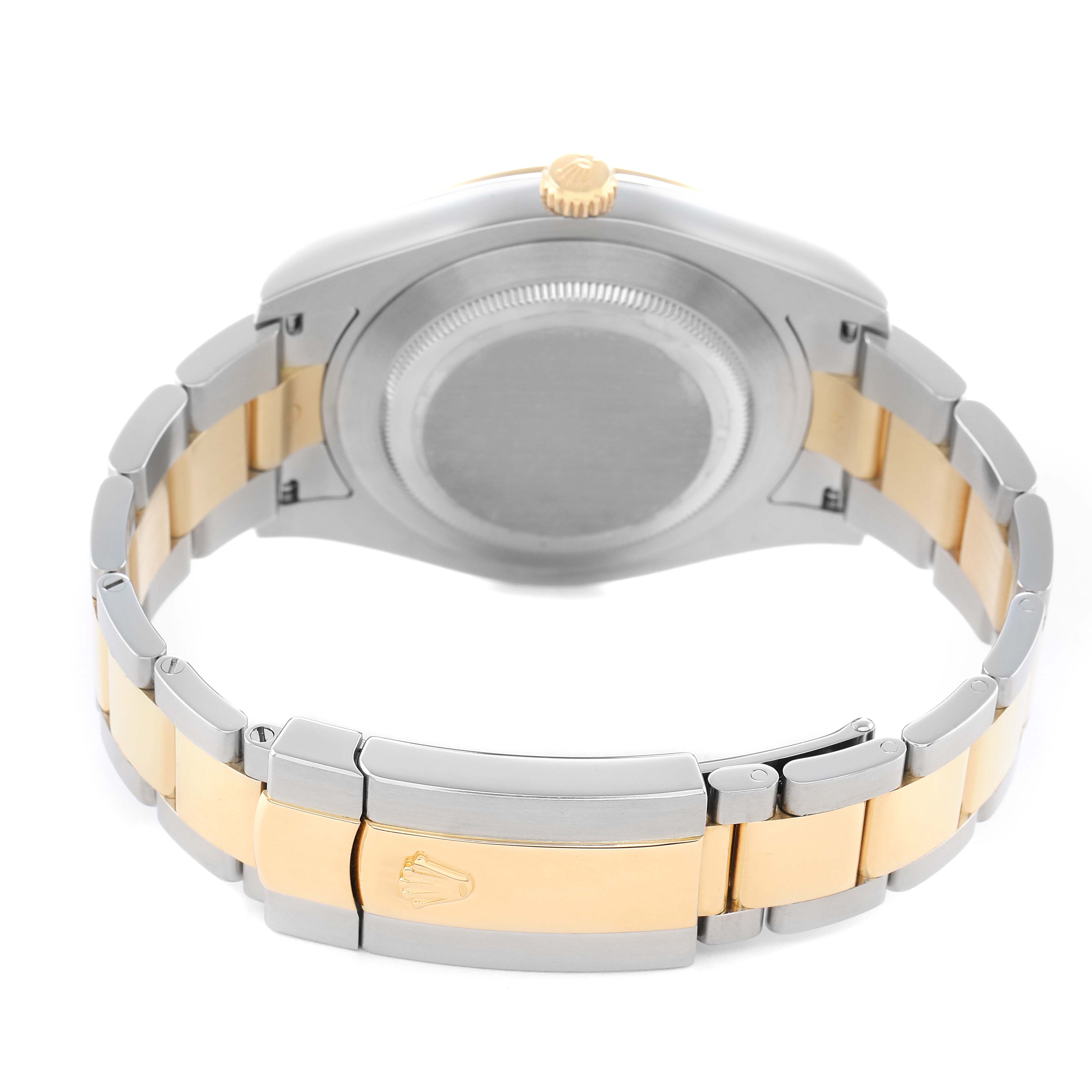 The image shows the back view of the Rolex Datejust 41 116333 Men's Steel and Gold (two tone) Black Dial, highlighting the case, crown, and two-tone bracelet with the clasp.