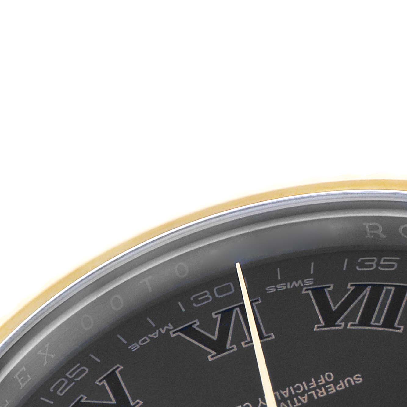The image shows a close-up of the Rolex Datejust 41 116333 Men's Steel and Gold (two tone) Black Dial's dial edge, featuring numerals, minute markers, and part of a hand.
