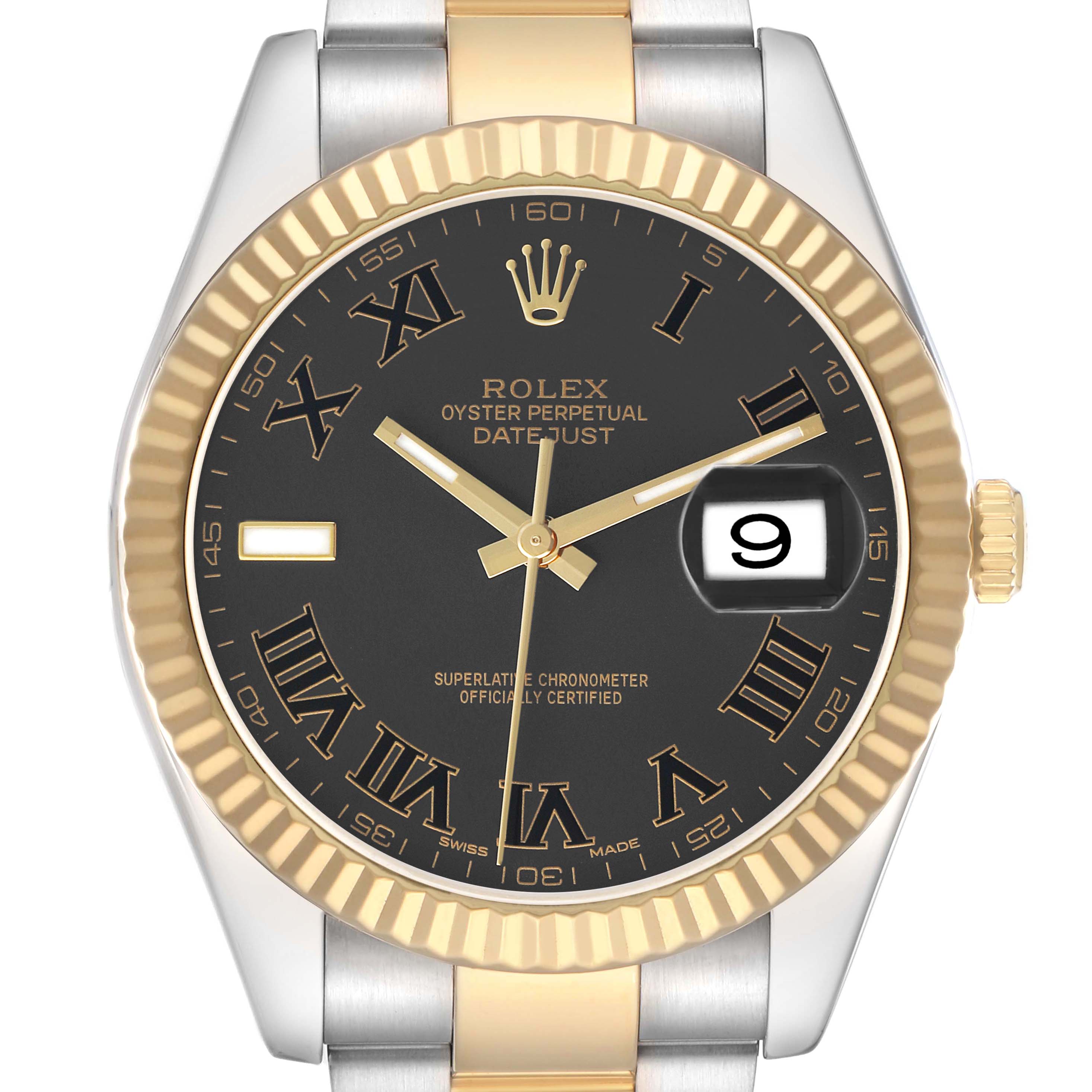 The image shows a frontal view of a Rolex Datejust 41 116333 Men's Steel and Gold (two tone) Black Dial, highlighting the dial, fluted bezel, and part of the bracelet.