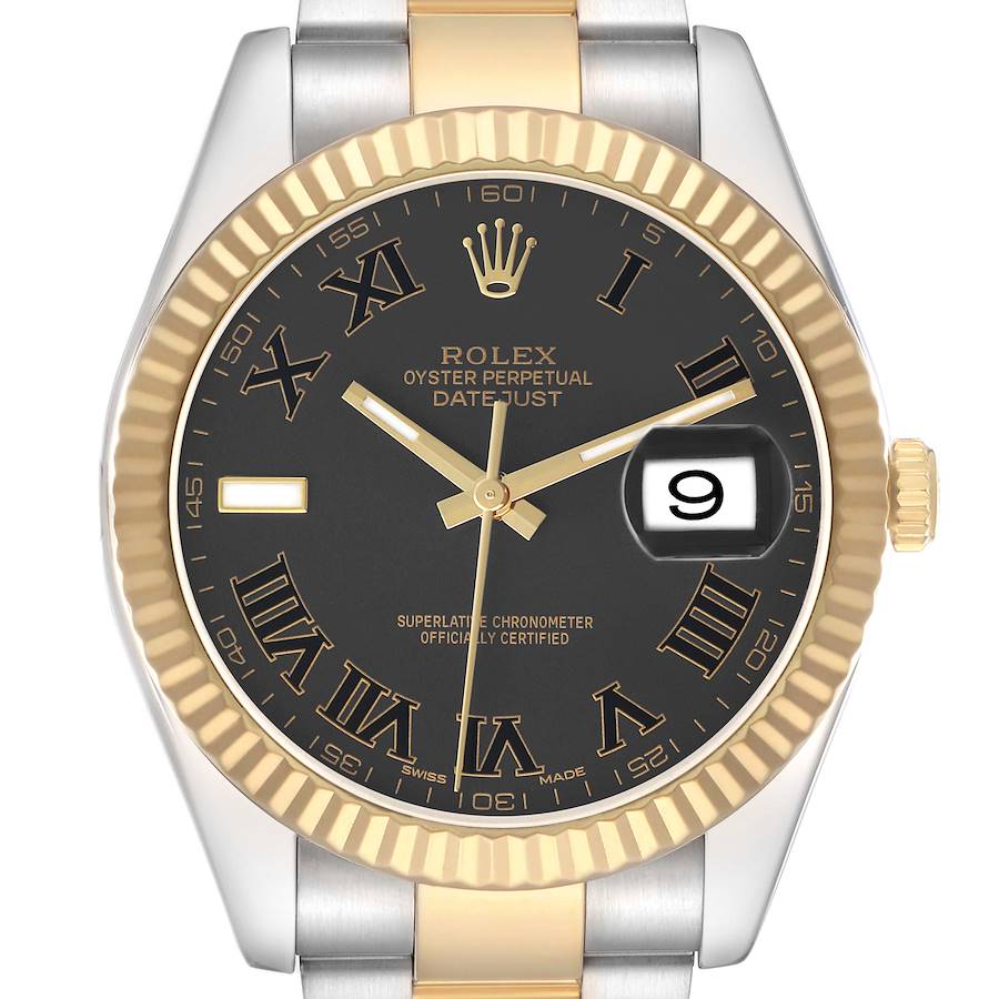 The image shows a frontal view of a Rolex Datejust 41 116333 Men's Steel and Gold (two tone) Black Dial, highlighting the dial, fluted bezel, and part of the bracelet.