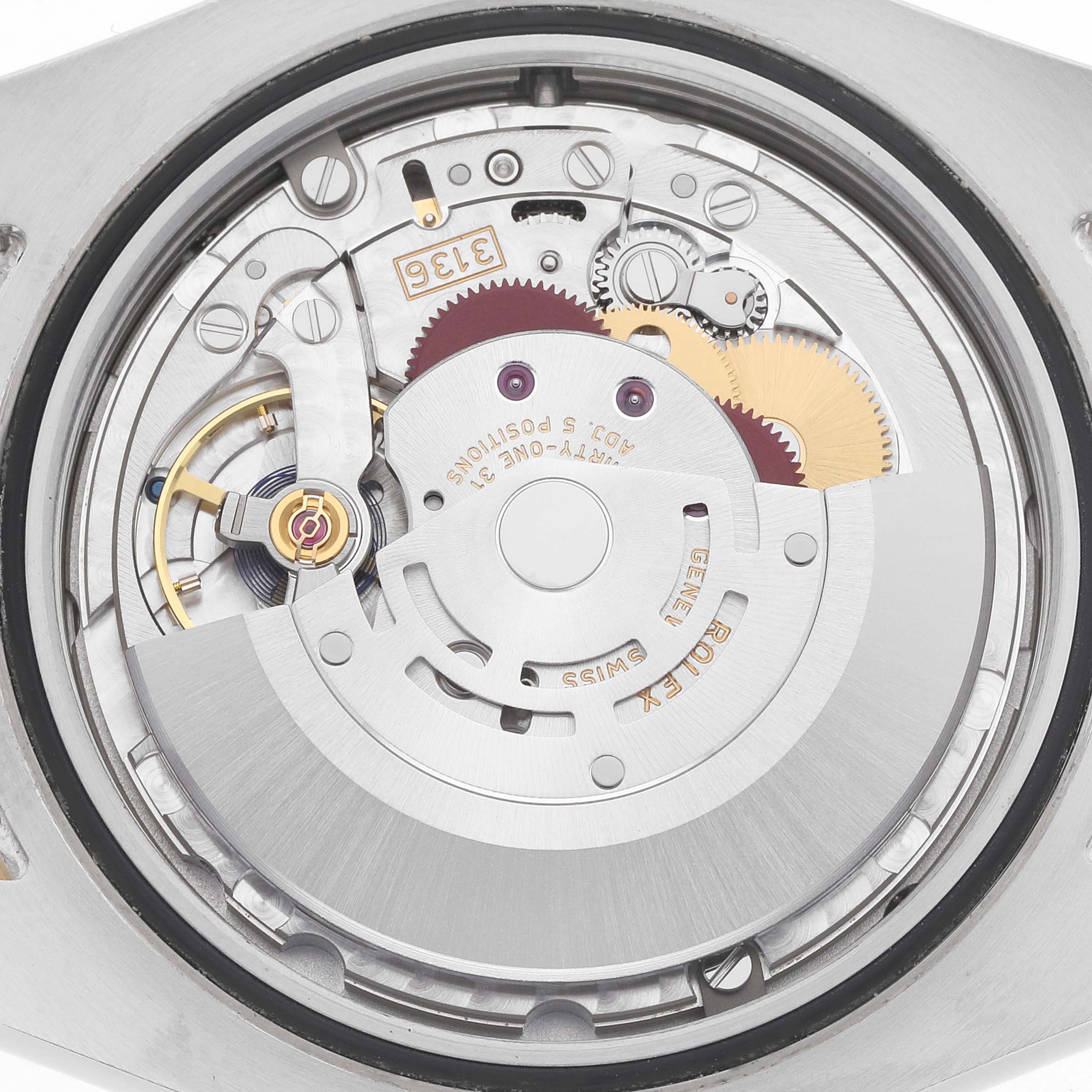 The image shows the internal movement of a Rolex Datejust 41 116333 Men's Steel and Gold (two tone) Black Dial, highlighting gears and the rotor from a top-down angle.