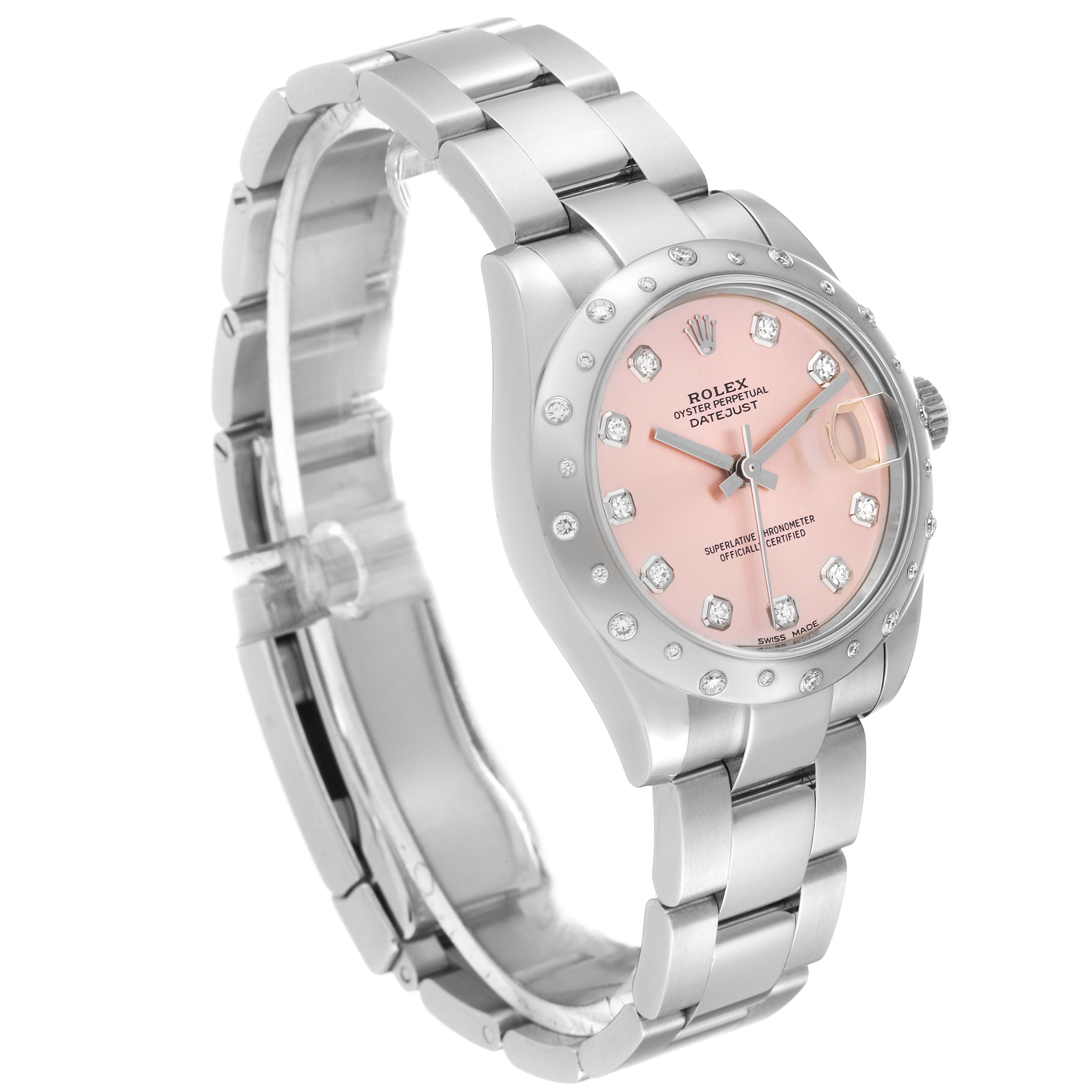 This Rolex Mid-Size 178344 Women's Stainless Steel Pink Dial 178344 Women's Stainless Steel Pink Dial watch is shown at a slight angle, displaying the pink dial, bezel, and stainless steel bracelet.