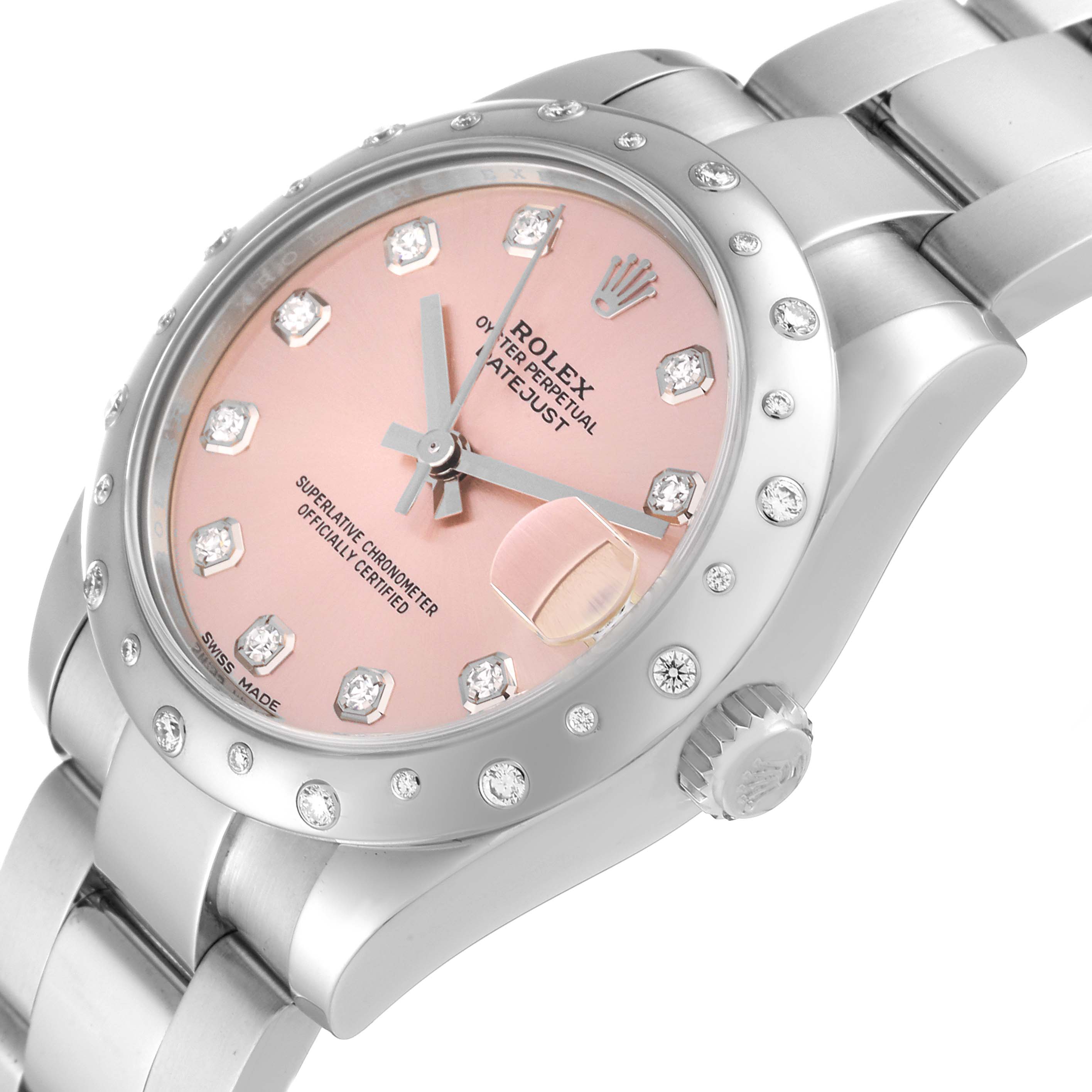 The image shows a Rolex Mid-Size 178344 Women's Stainless Steel Pink Dial 178344 Women's Stainless Steel Pink Dial Datejust watch at an angled view, highlighting the pink dial, diamond hour markers, and bracelet.