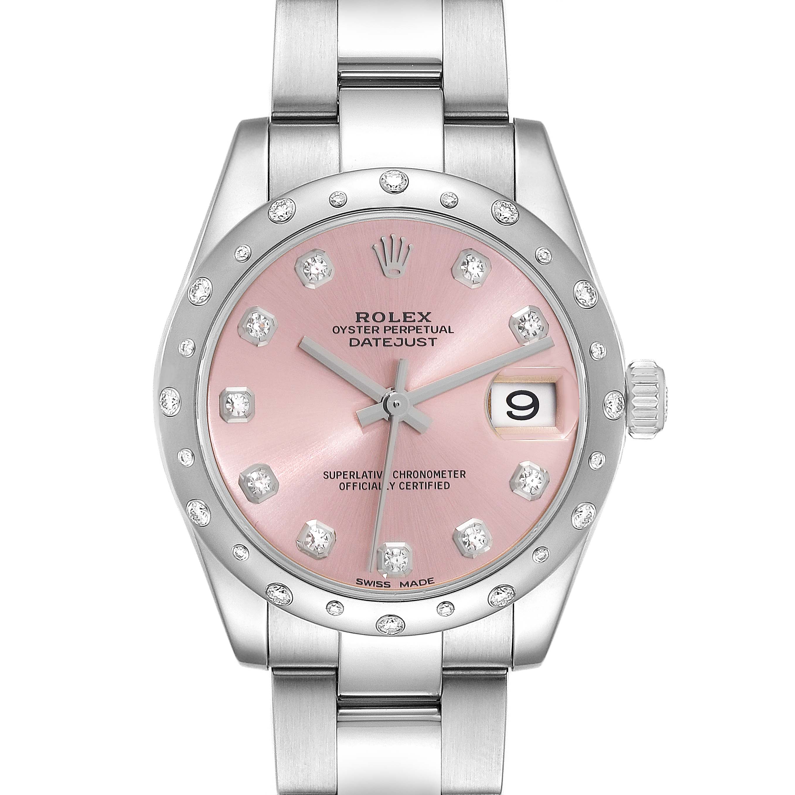 This image shows a front view of a mid-size Rolex Datejust watch with a pink dial and diamond hour markers.