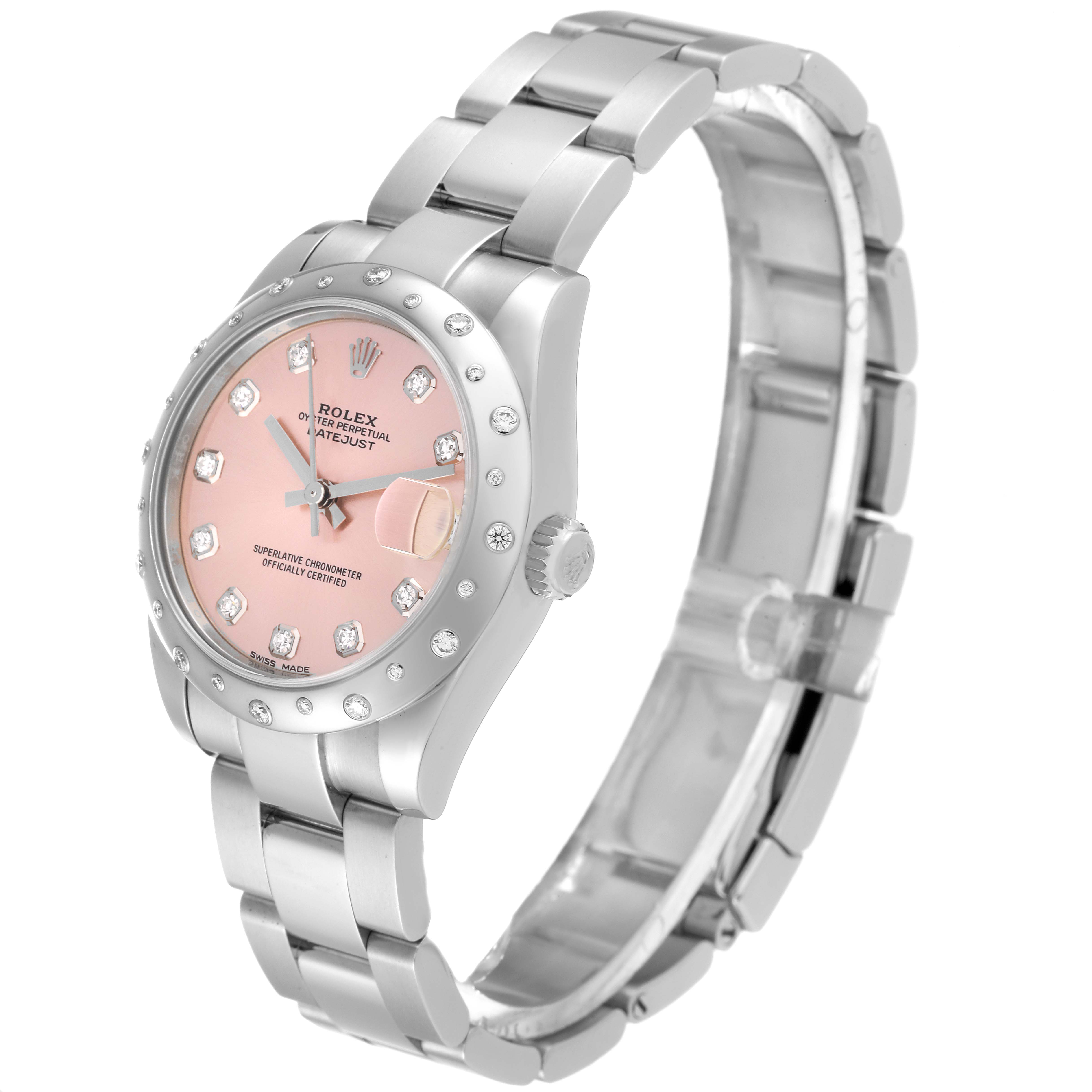 The Rolex Mid-Size 178344 Women's Stainless Steel Pink Dial 178344 Women's Stainless Steel Pink Dial model watch is shown at an angled view highlighting the pink dial, bezel with diamonds, and stainless steel bracelet.