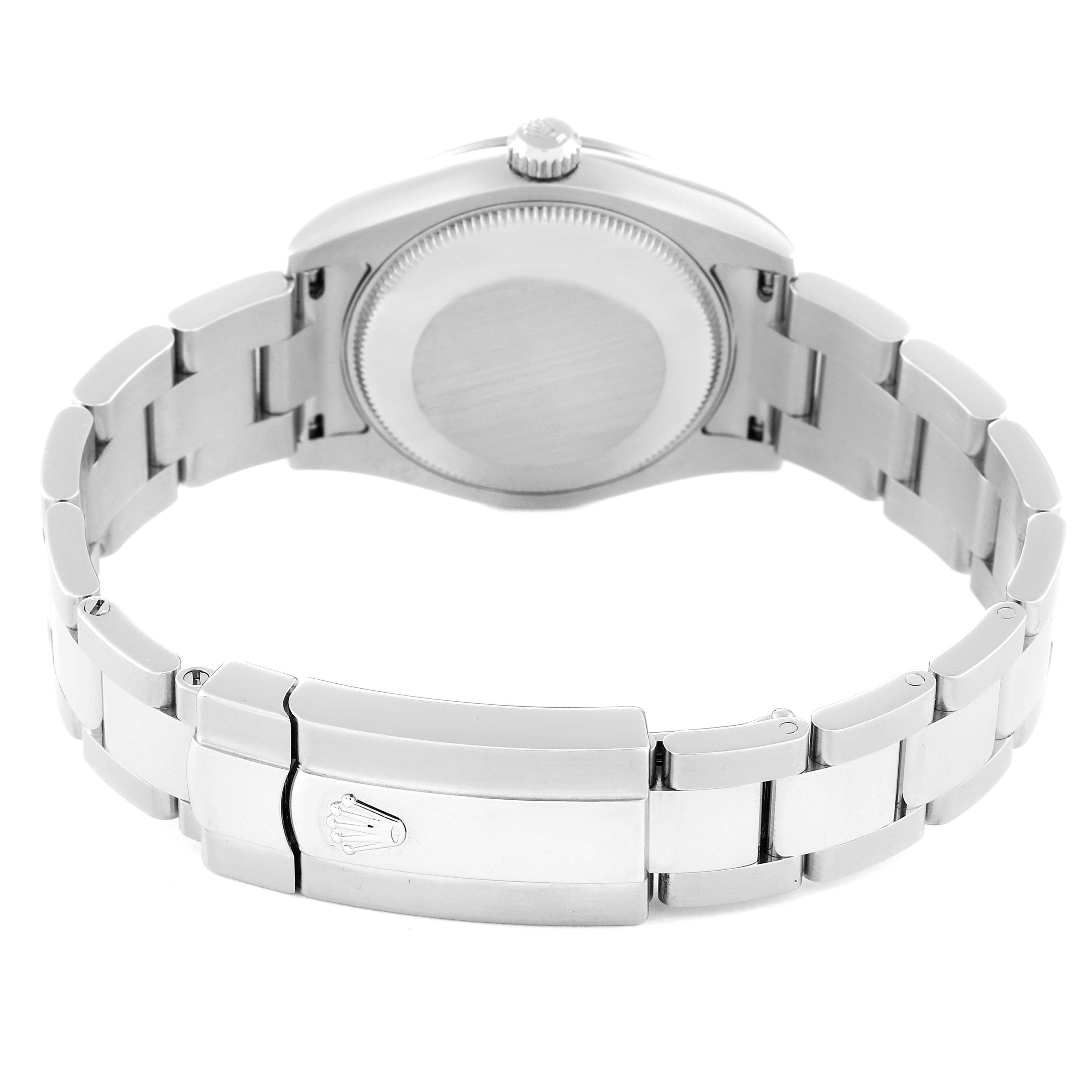 This image shows the case back and clasp of the Mid-Size Rolex watch, highlighting the bracelet and deployment clasp.