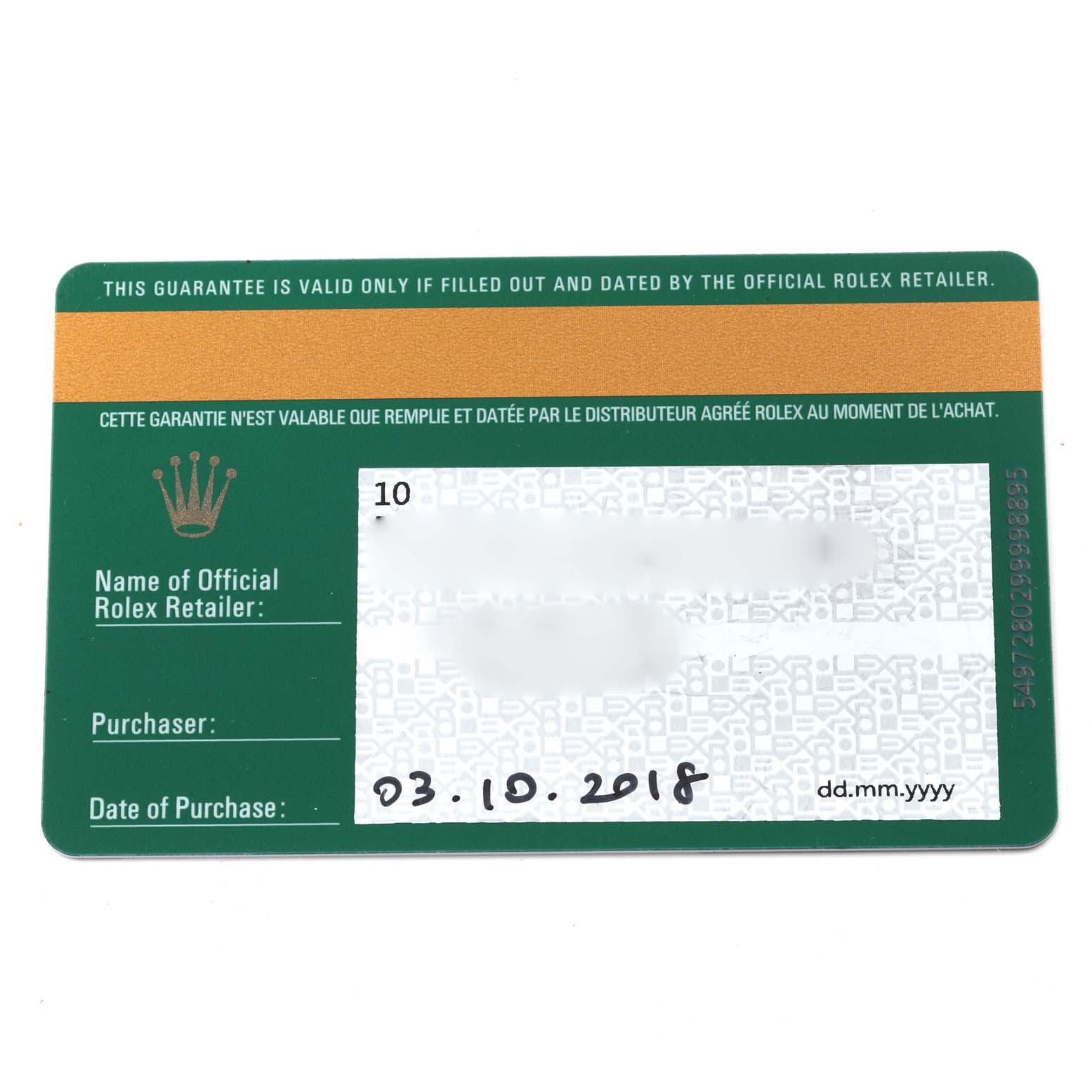 This image shows the warranty card of a Rolex Mid-Size 178344 Women's Stainless Steel Pink Dial 178344 Women's Stainless Steel Pink Dial watch, with handwritten purchase details.