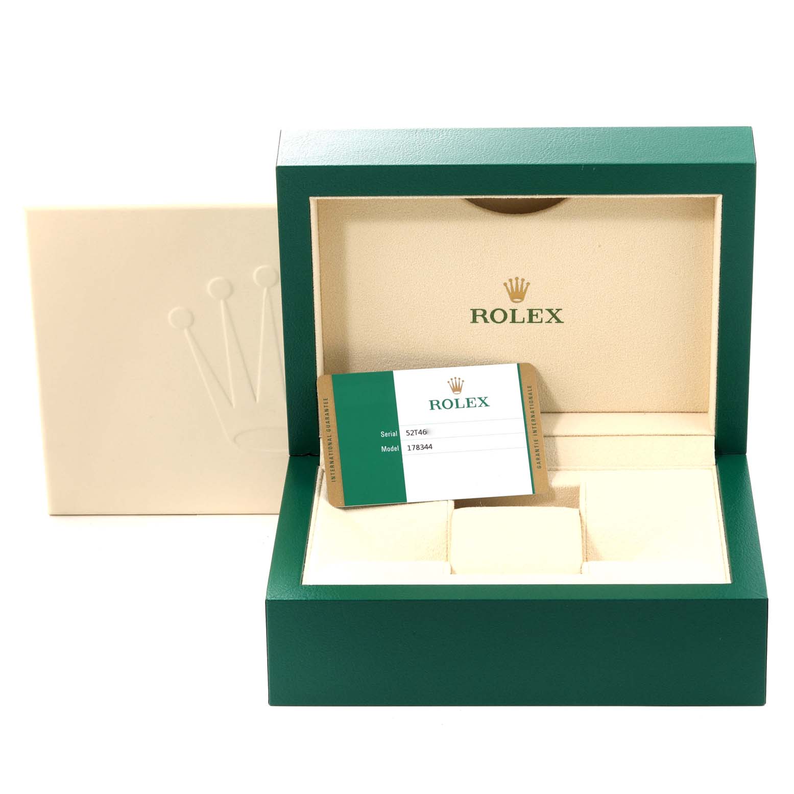 The image shows the open box and authentication card for a Mid-Size Rolex watch, with the box lid and interior visible.