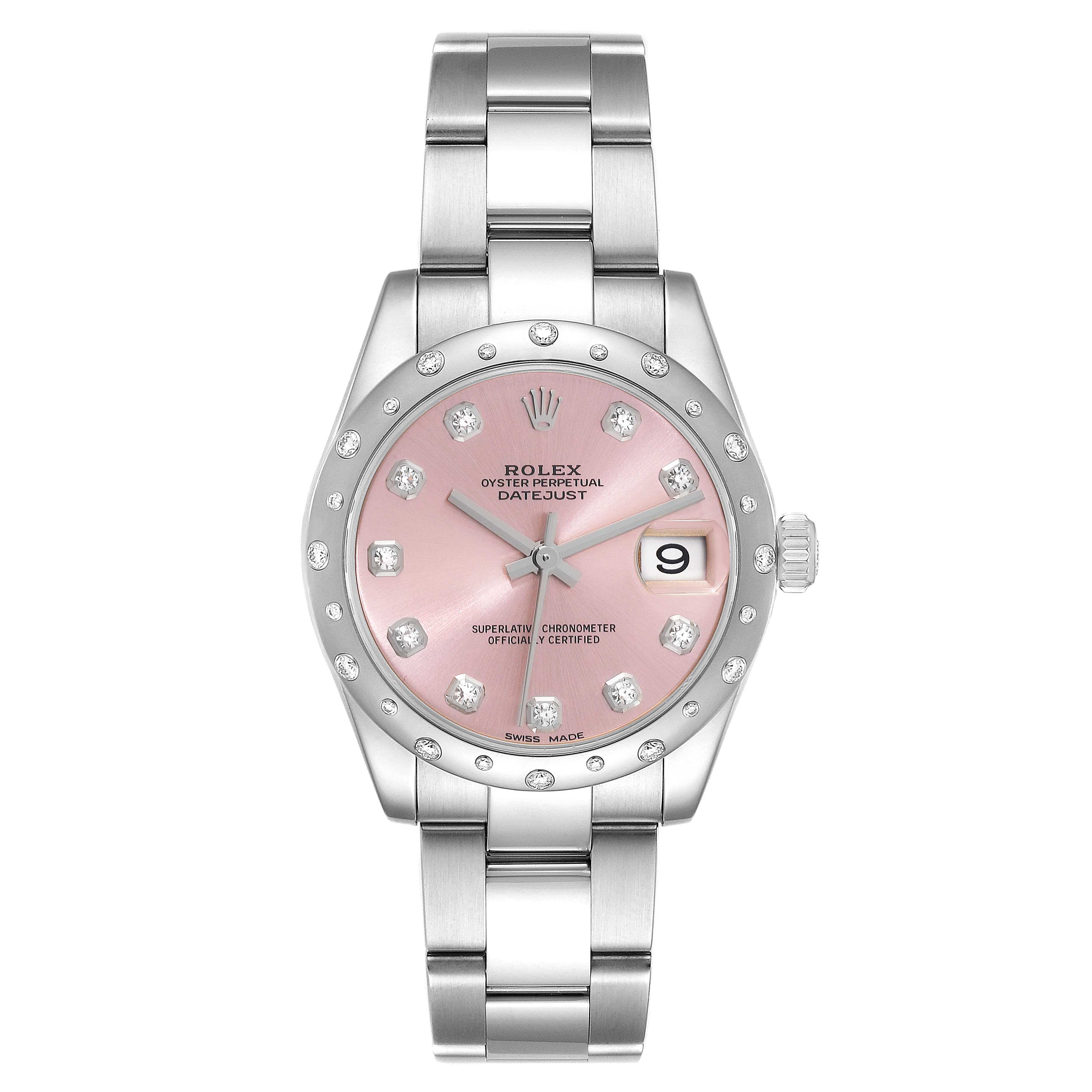 The image shows a front view of a Rolex Datejust Mid-Size watch, highlighting its pink dial, markers, bezel, and bracelet.