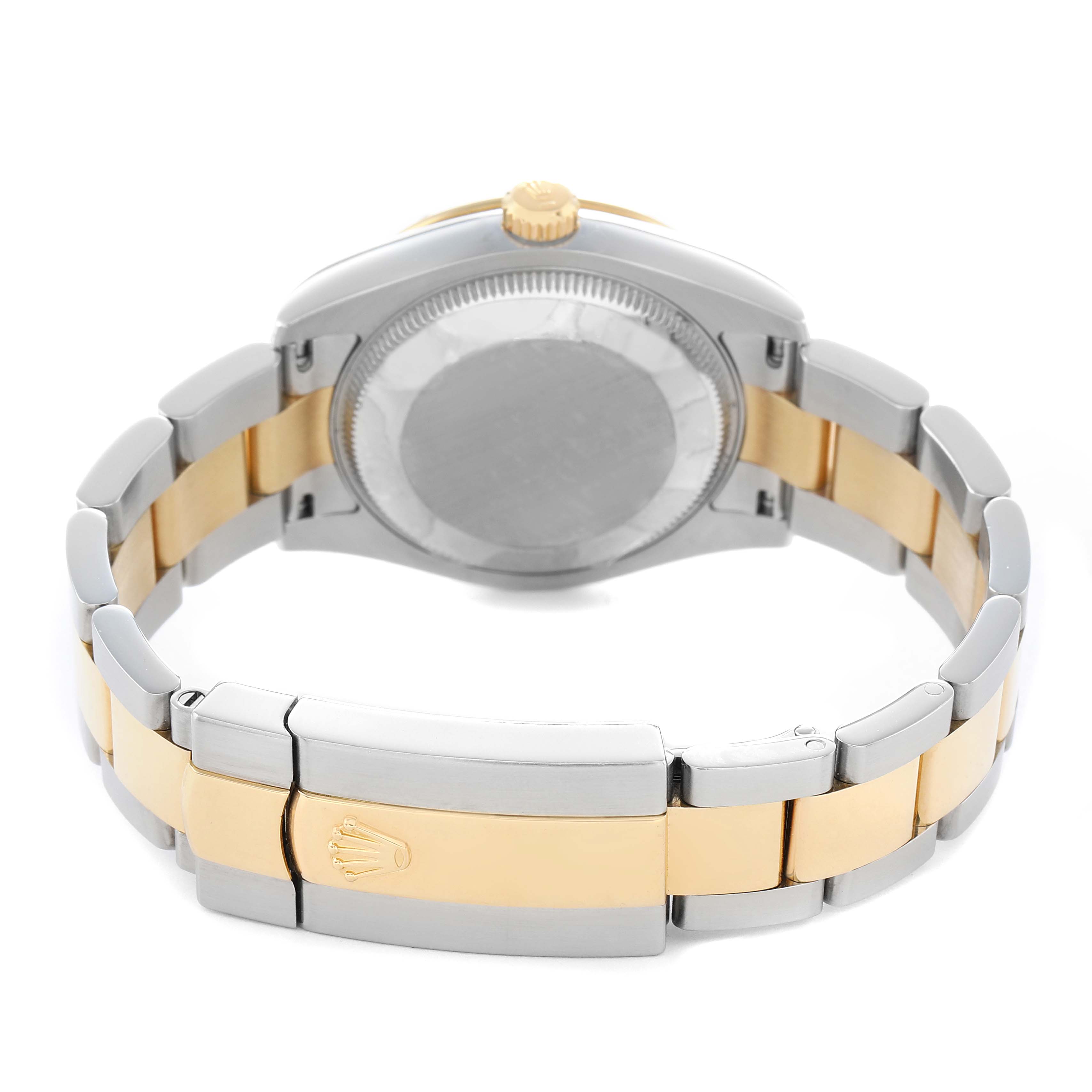 The Rolex Mid-Size 178343 Women's Steel and Gold (two tone) Silver Dial watch is shown from the back, highlighting the case back, crown, and two-tone bracelet with the clasp.