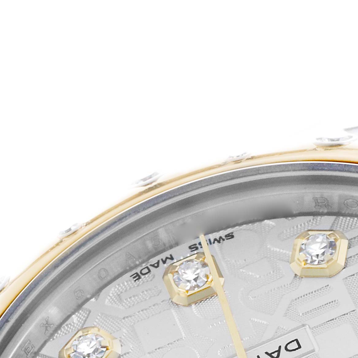 This image shows a close-up of the Rolex Mid-Size 178343 Women's Steel and Gold (two tone) Silver Dial model's dial, including diamond hour markers and partial indices.