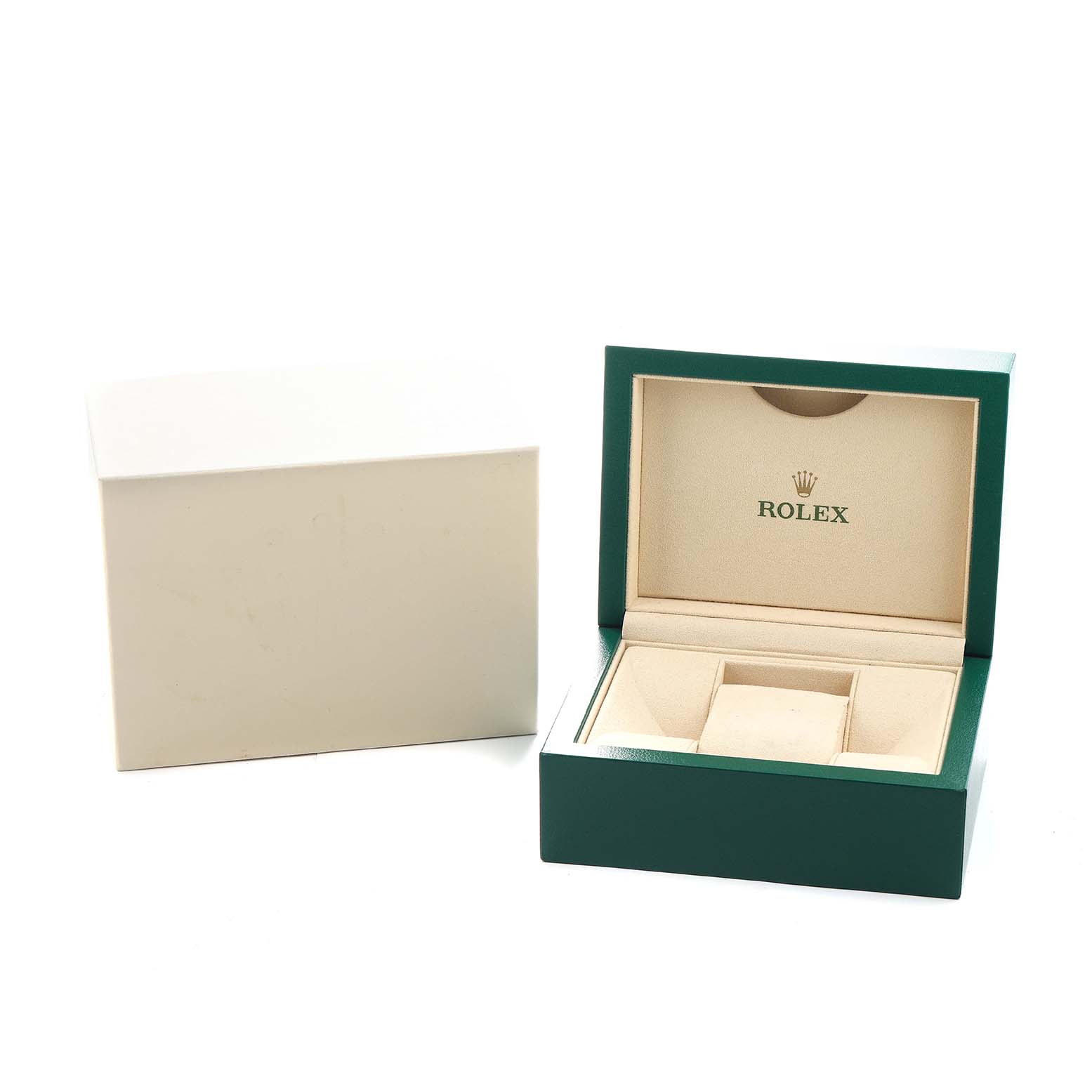 The image shows an open Rolex watch box with the logo, from a front angle, showcasing its storage compartments.