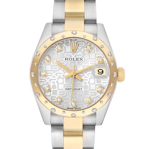 The Rolex Mid-Size 178343 Women
s Steel and Gold (two tone) Silver Dial watch is shown from a top-down perspective highlighting the face, bezel, and partial bracelet.