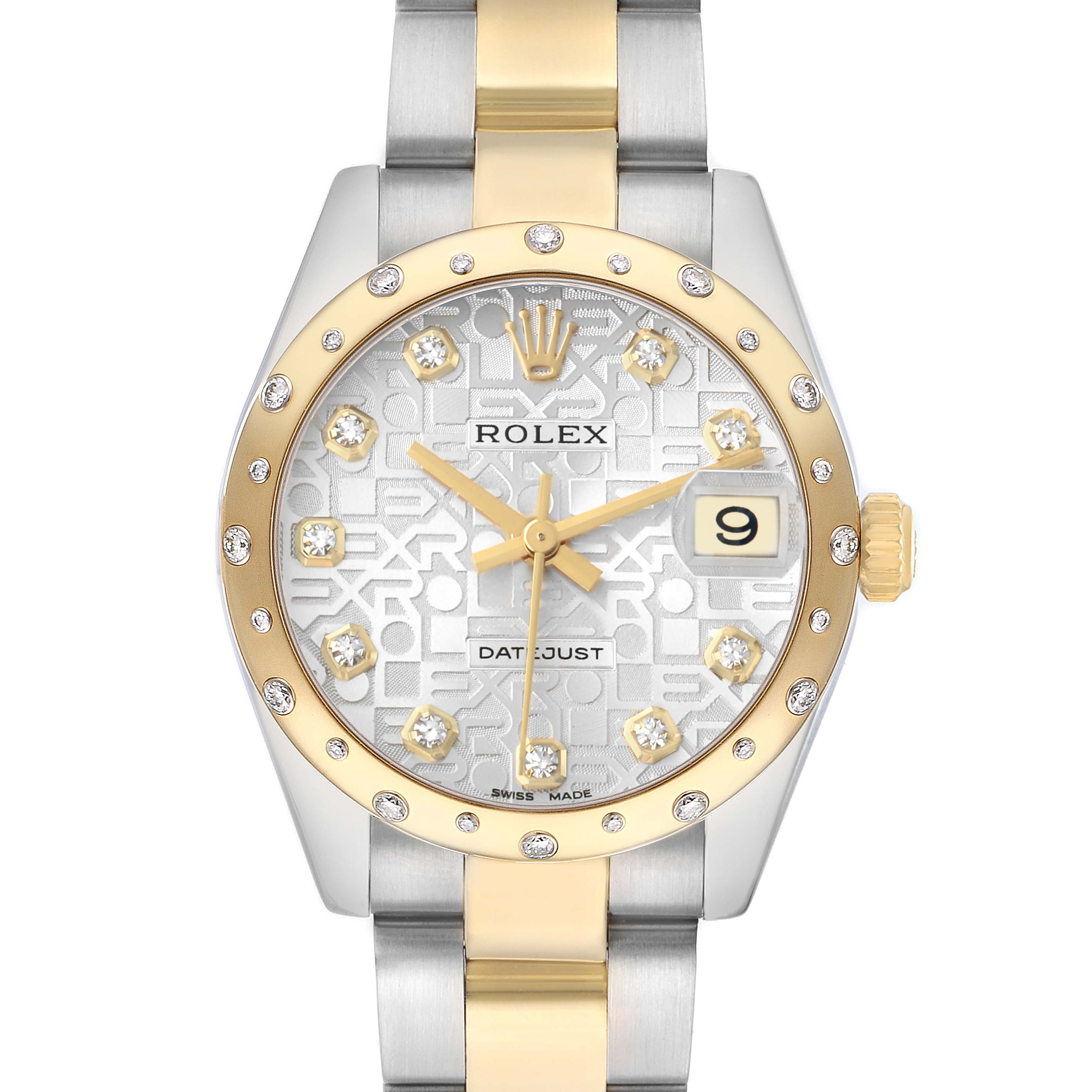 The Rolex Mid-Size 178343 Women's Steel and Gold (two tone) Silver Dial watch is shown from a top-down angle, displaying its face, bezel, and part of the bracelet.