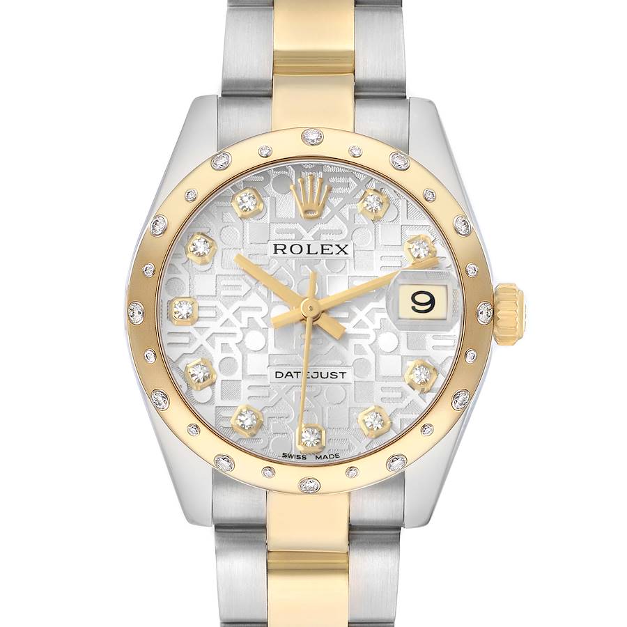 The Rolex Mid-Size 178343 Women's Steel and Gold (two tone) Silver Dial watch is shown from a top-down angle, displaying its face, bezel, and part of the bracelet.