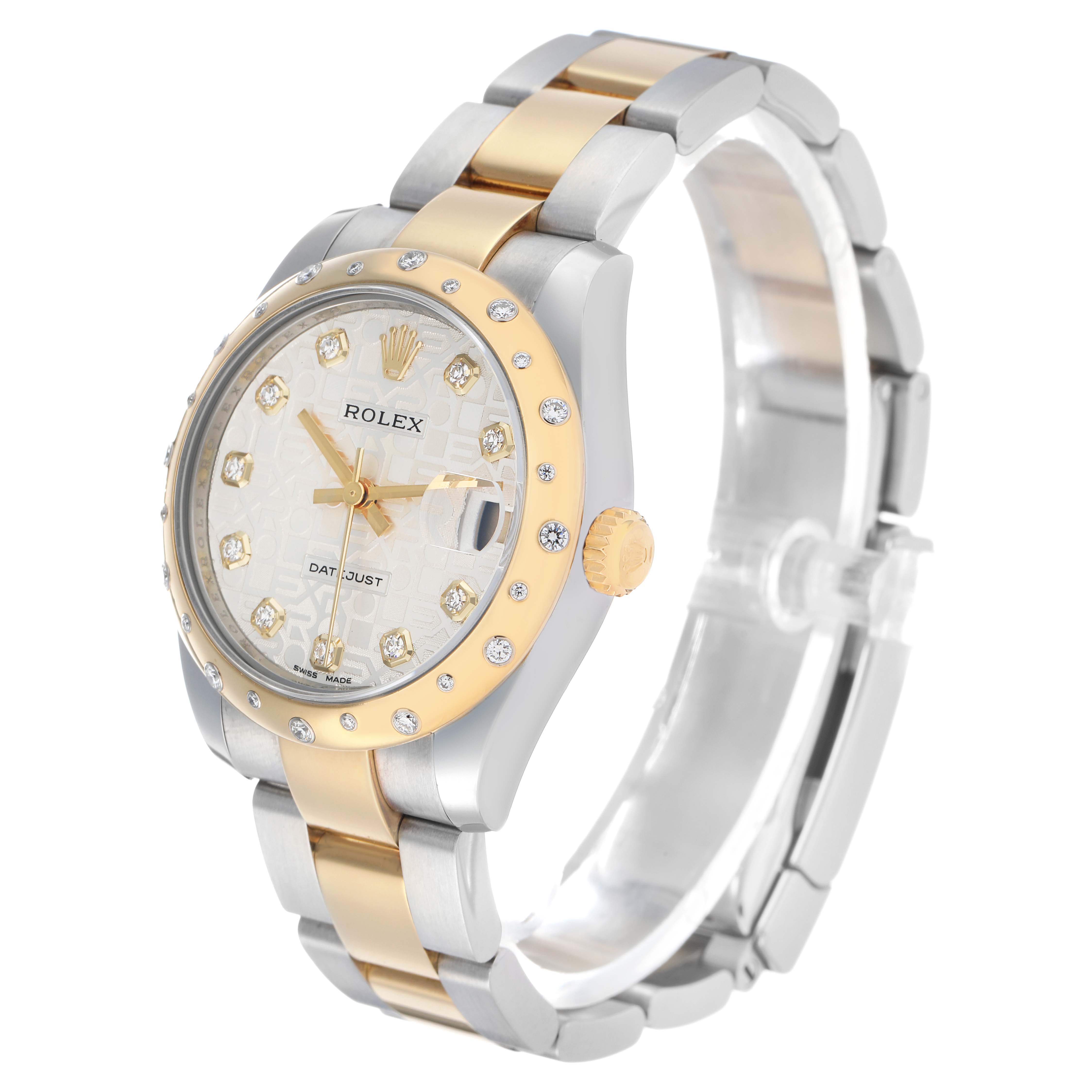 The Rolex Mid-Size 178343 Women's Steel and Gold (two tone) Silver Dial watch is shown at a front angle highlighting the dial, bezel, crown, and two-tone bracelet.