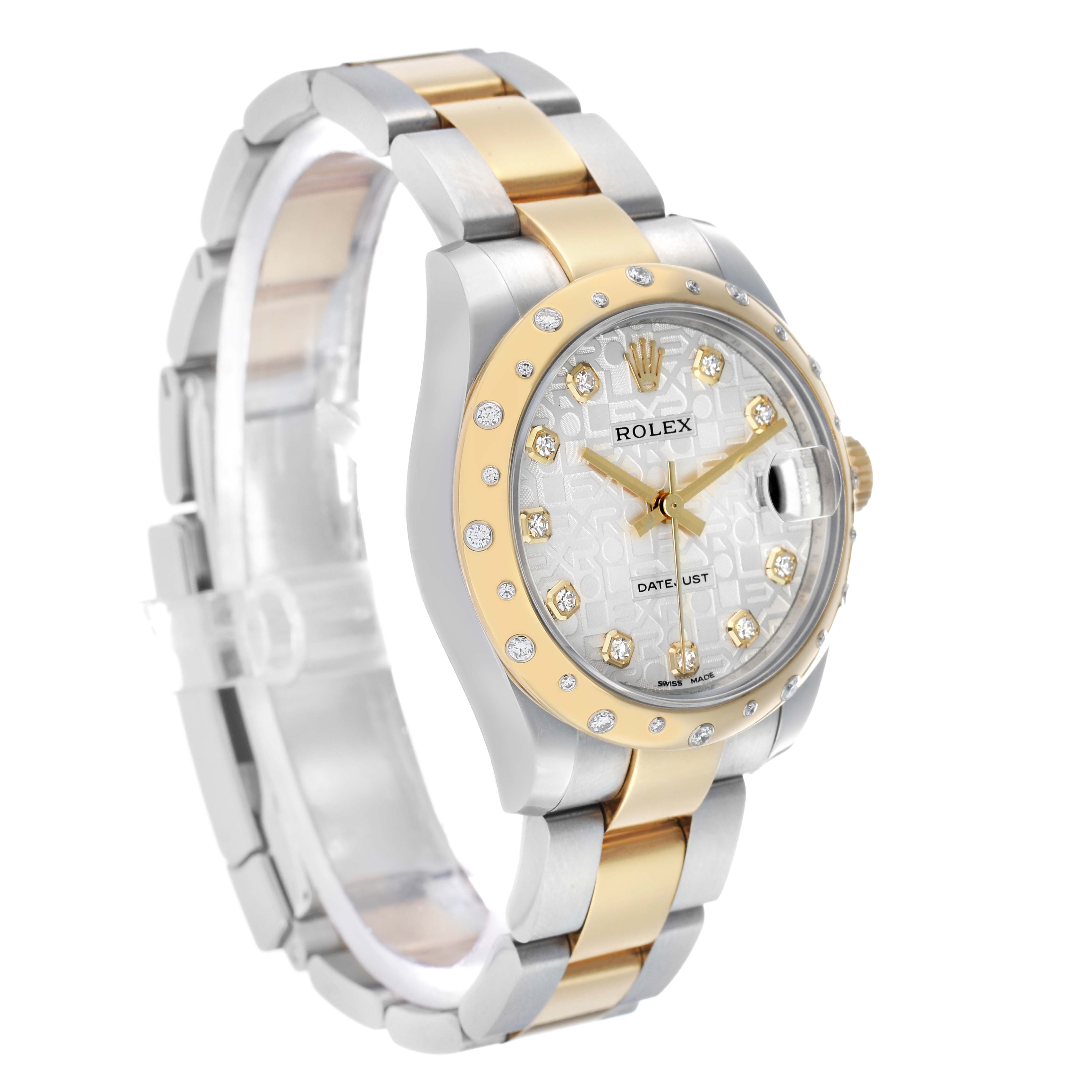 The image shows a Rolex Datejust Mid-Size watch angled to display the face, bezel, and part of the bracelet.