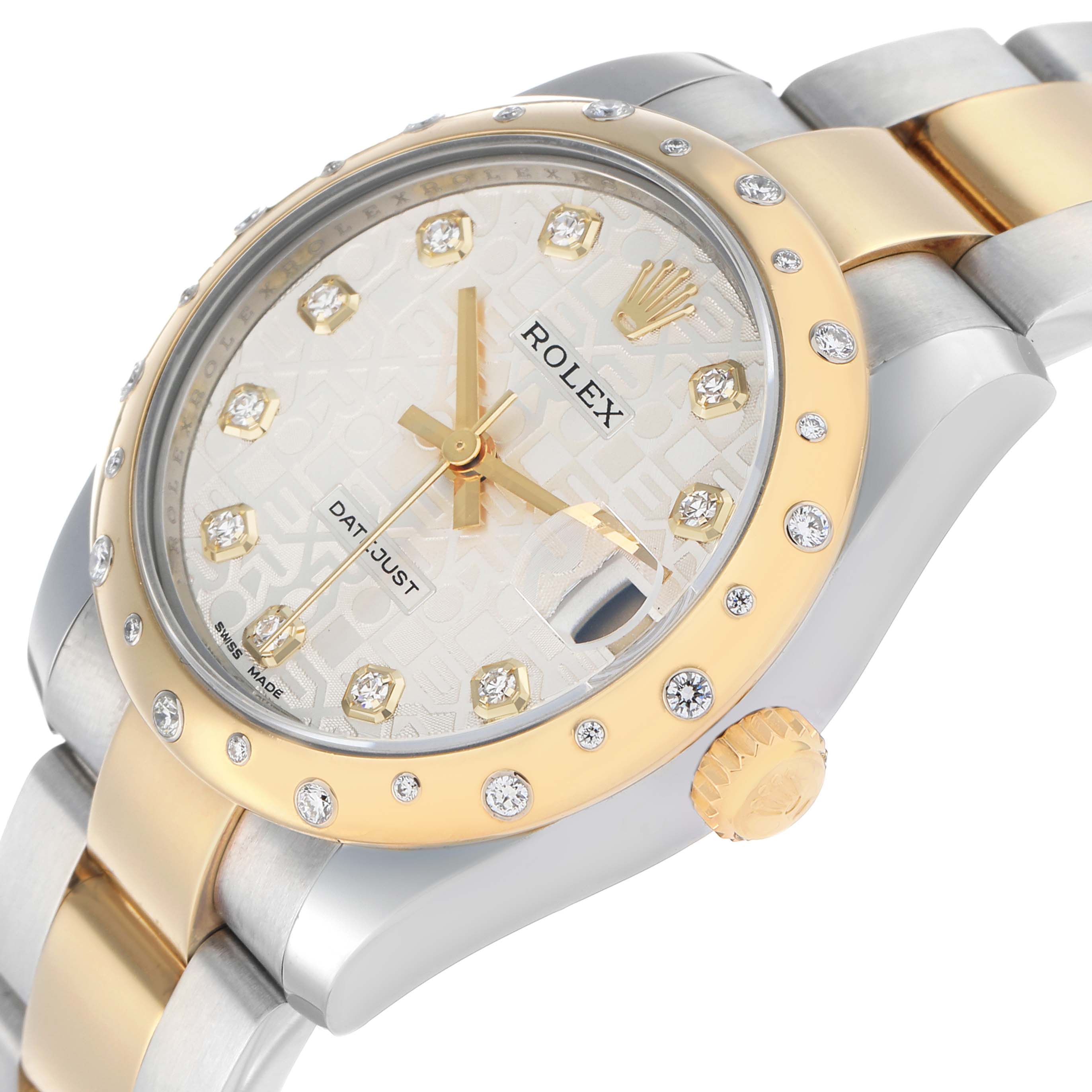 The Rolex Mid-Size 178343 Women's Steel and Gold (two tone) Silver Dial watch is shown at an angle, highlighting the dial, bezel with diamonds, and part of the two-tone bracelet.