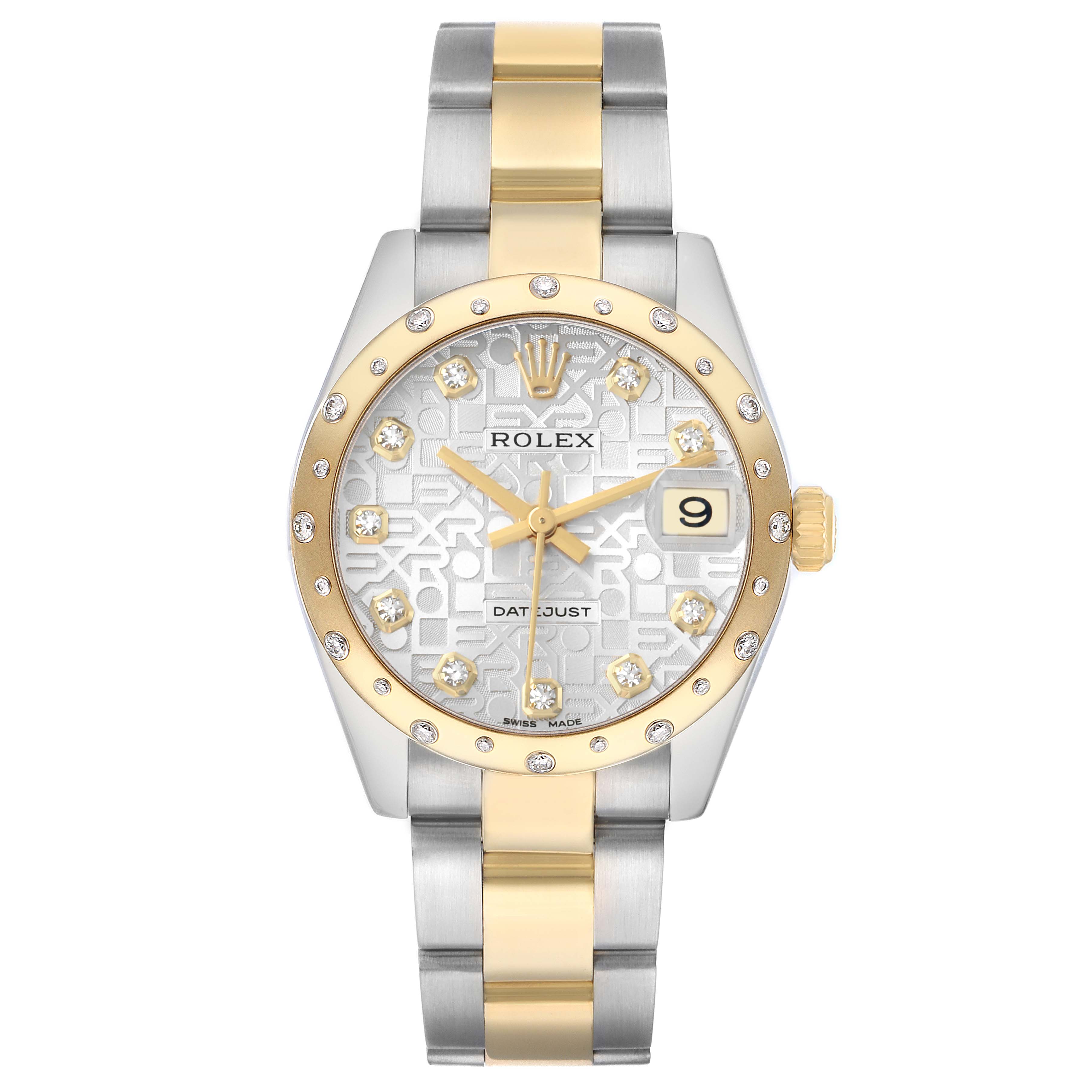 The Rolex Mid-Size 178343 Women's Steel and Gold (two tone) Silver Dial model is shown from a top view, displaying its face, bezel, and bracelet clearly.