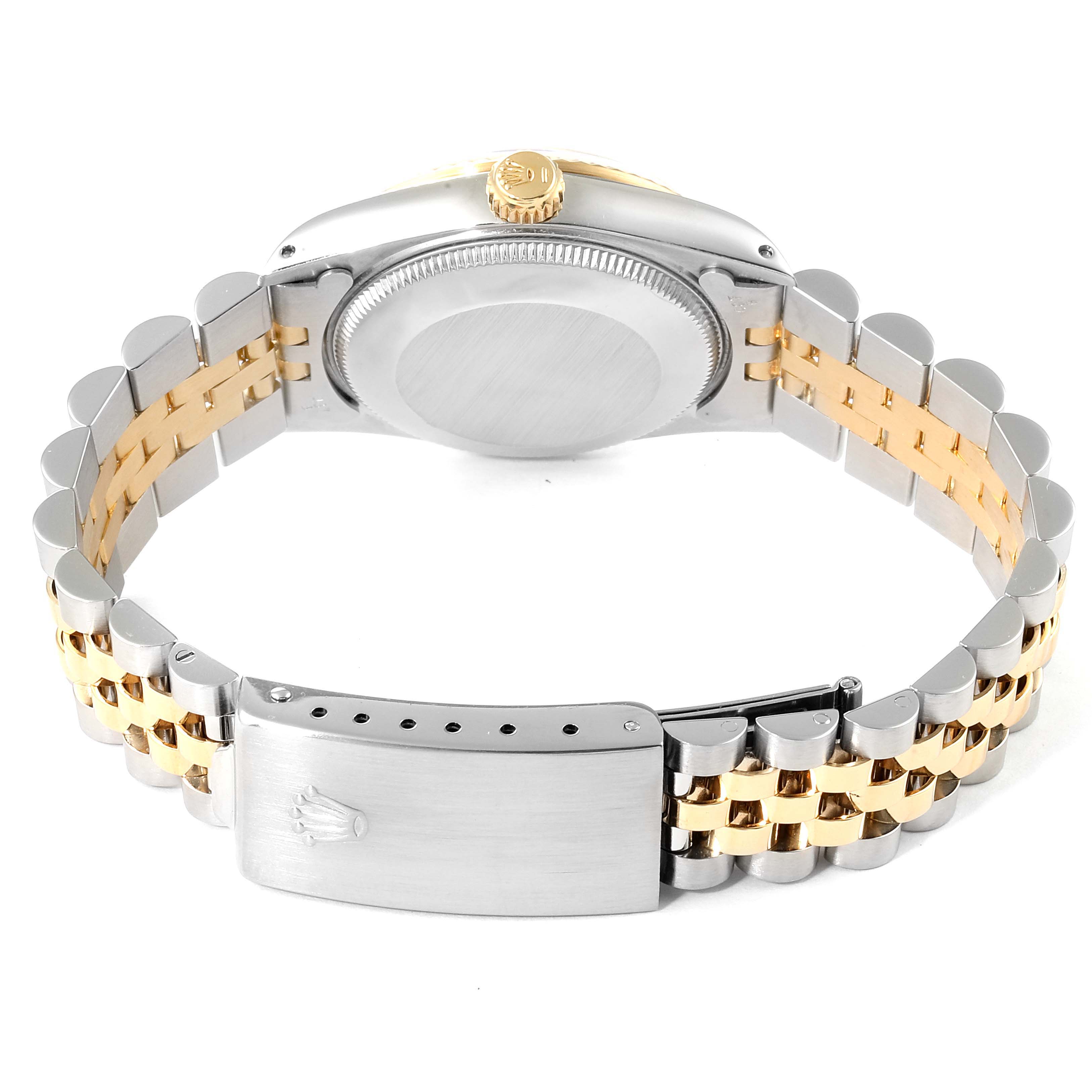 This image shows the rear view of the Rolex Mid-Size 68273 Women's Steel and Gold (two tone) Champagne Dial 68273 Women's Steel and Gold (two tone) Champagne Dial model watch, highlighting the case back, crown, and bracelet with clasp.