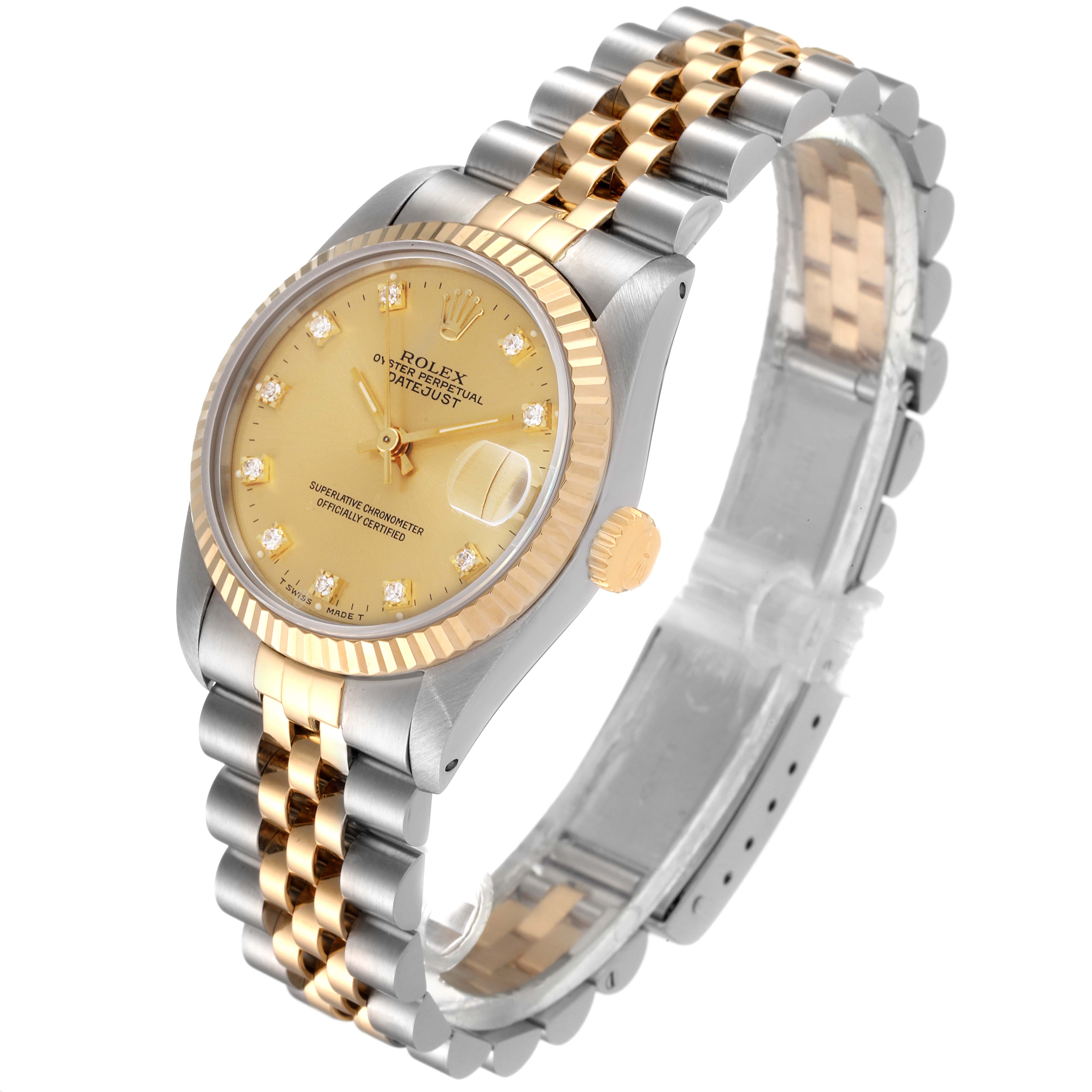 The Rolex Mid-Size 68273 Women's Steel and Gold (two tone) Champagne Dial 68273 Women's Steel and Gold (two tone) Champagne Dial watch is shown from an angled perspective, highlighting its gold-tone dial, fluted bezel, and two-tone bracelet.