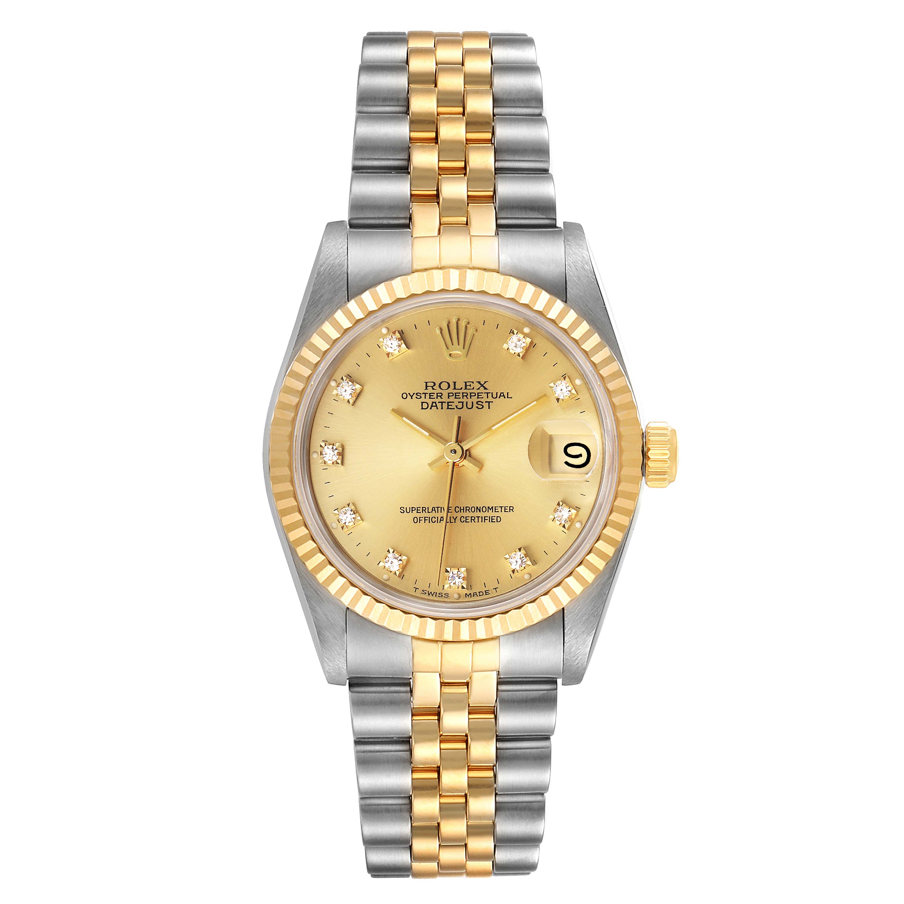 This image shows a front view of a Rolex Mid-Size 68273 Women's Steel and Gold (two tone) Champagne Dial 68273 Women's Steel and Gold (two tone) Champagne Dial Datejust watch, highlighting its two-tone metal bracelet and diamond-accented dial.