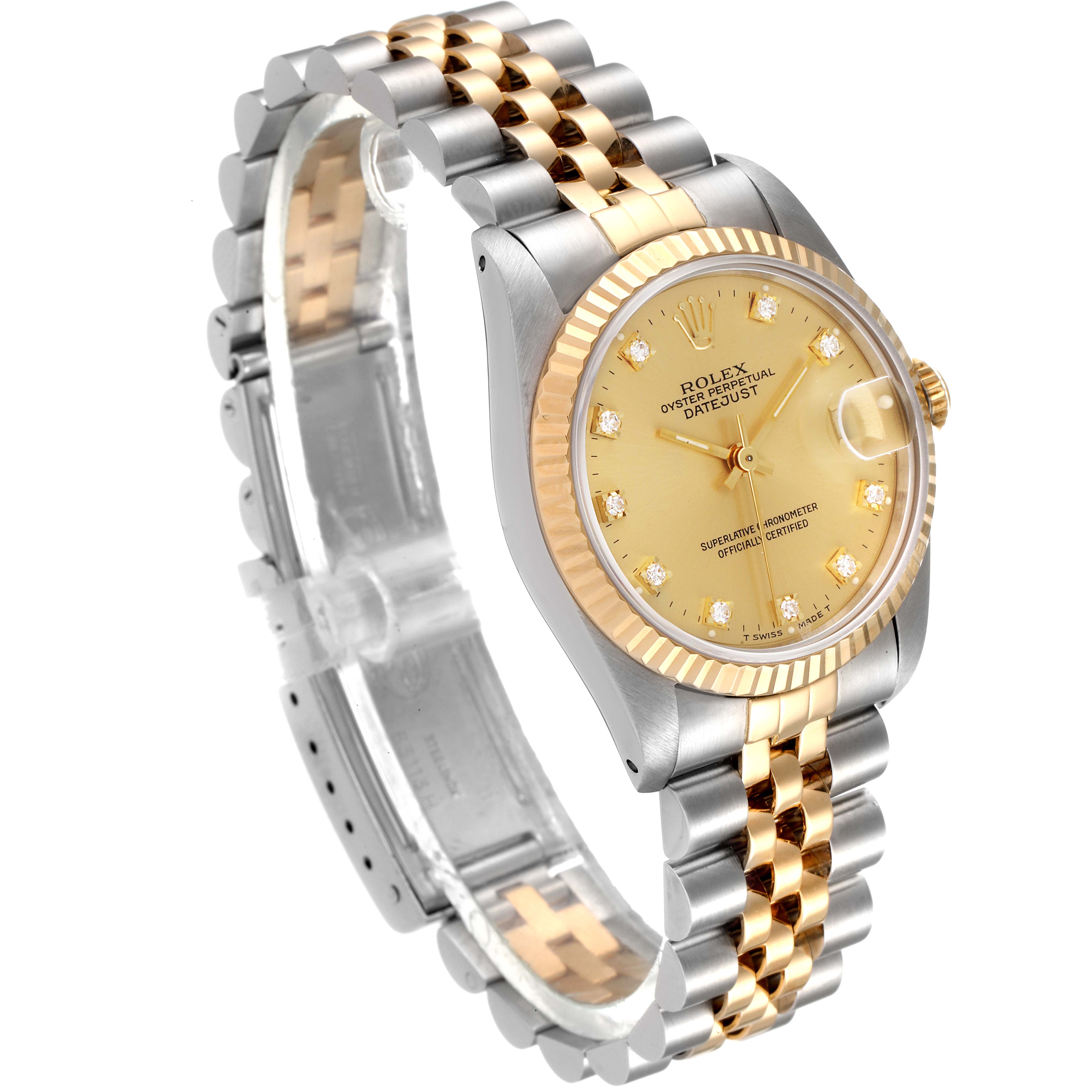 This Rolex Mid-Size 68273 Women's Steel and Gold (two tone) Champagne Dial 68273 Women's Steel and Gold (two tone) Champagne Dial model watch is shown at a three-quarter angle, displaying its bracelet, dial, and fluted bezel.