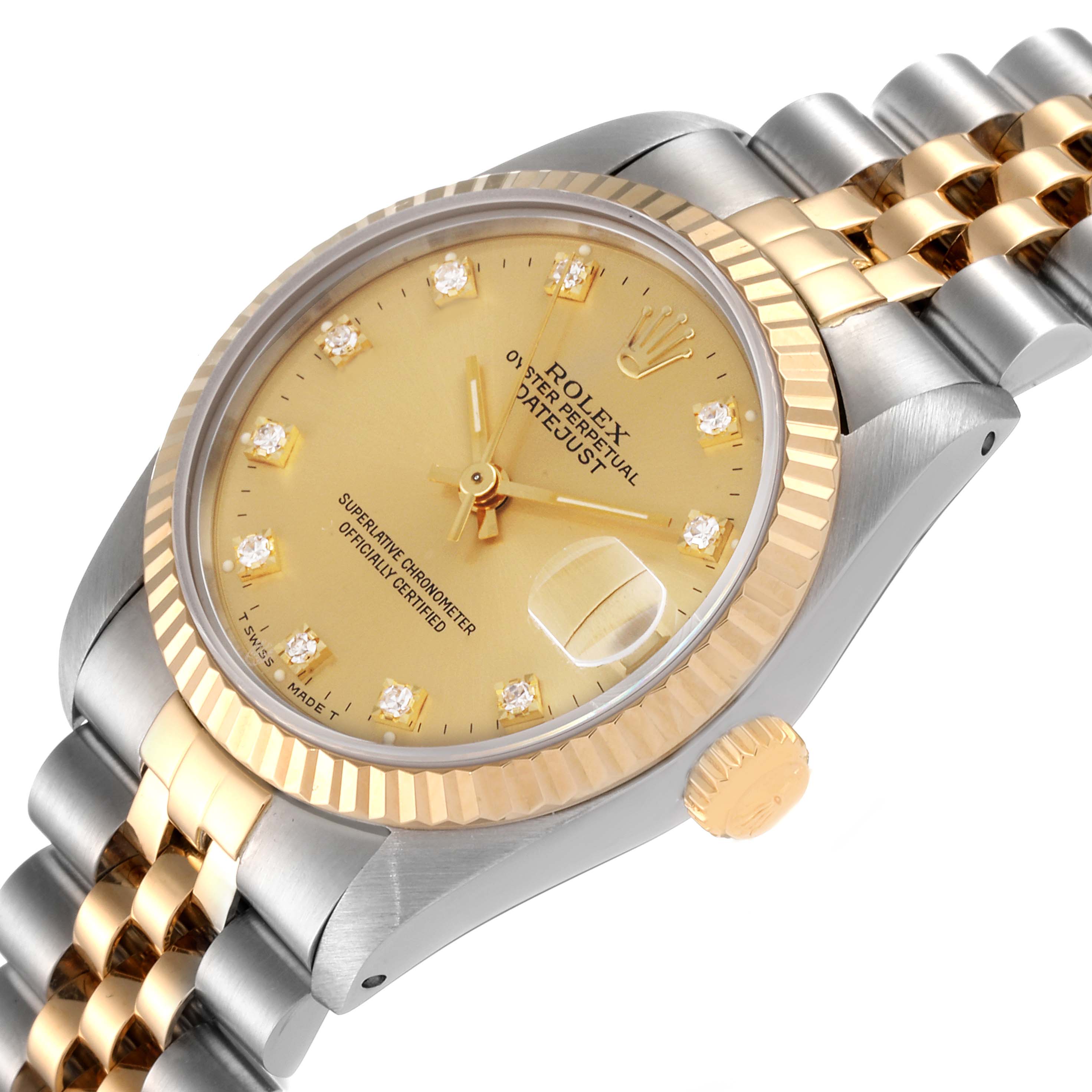 The image shows a close-up, angled view of the Rolex Mid-Size 68273 Women's Steel and Gold (two tone) Champagne Dial 68273 Women's Steel and Gold (two tone) Champagne Dial Datejust watch, highlighting its face, bezel, crown, and bracelet.